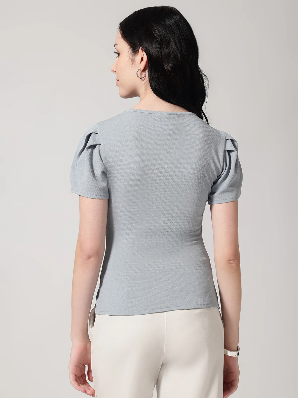 Women Grey Solid Asymmetric Wrap-Style Top - Image 3