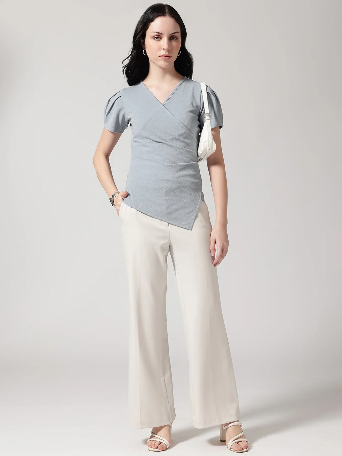 Women Grey Solid Asymmetric Wrap-Style Top - Image 4