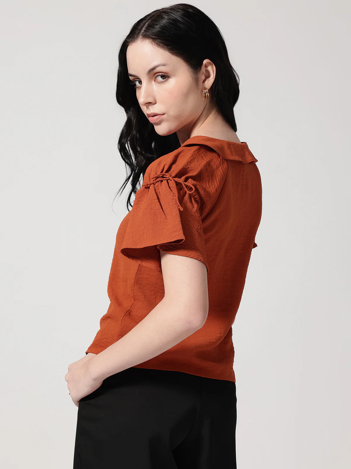 Women Rust Solid Peter Pan Collar Top - Image 3