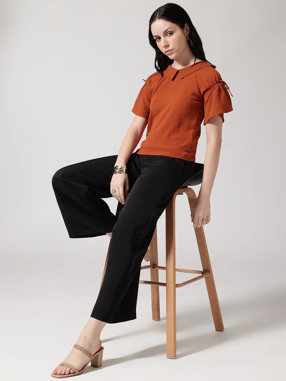Women Rust Solid Peter Pan Collar Top - Image 5