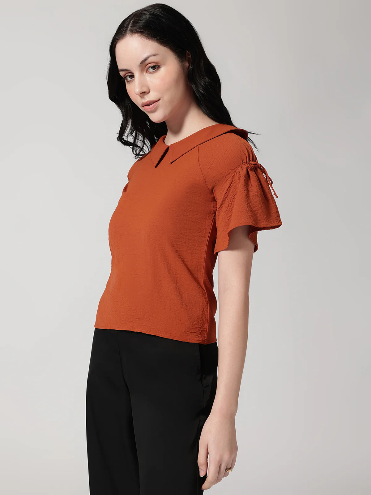 Women Rust Solid Peter Pan Collar Top - Image 7