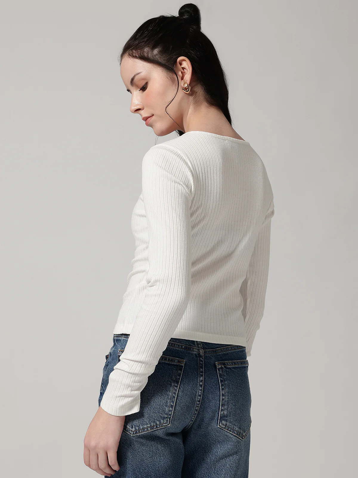 Women White Solid Ribbed T-Shirt - Image 3