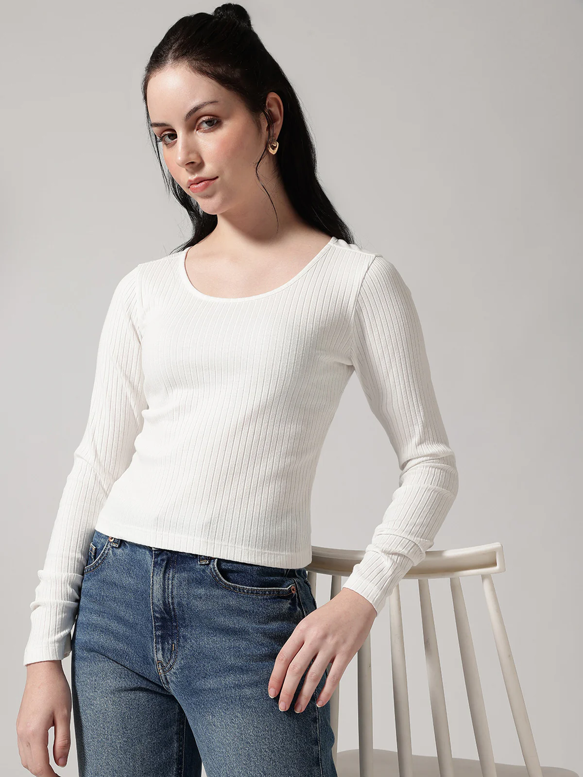 Women White Solid Ribbed T-Shirt - Image 5
