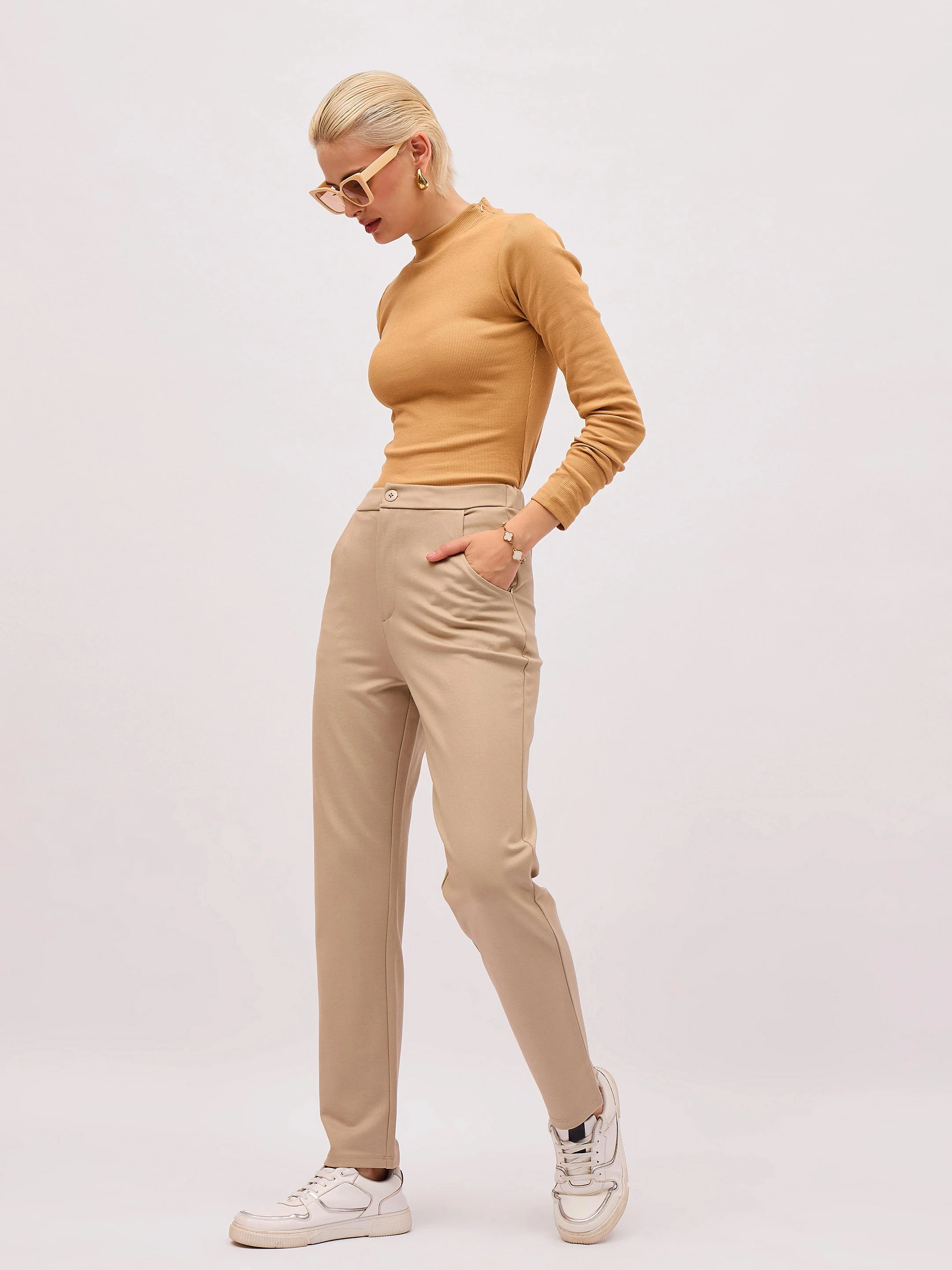 Women Tan High Neck Rib Top - Image 2