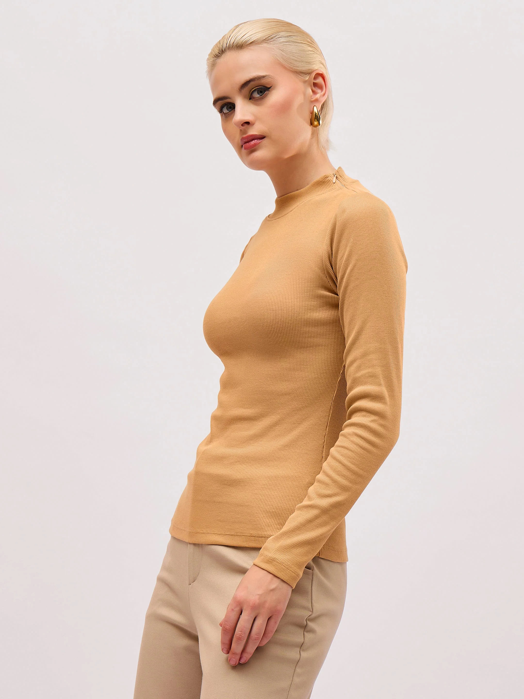 Women Tan High Neck Rib Top - Image 3
