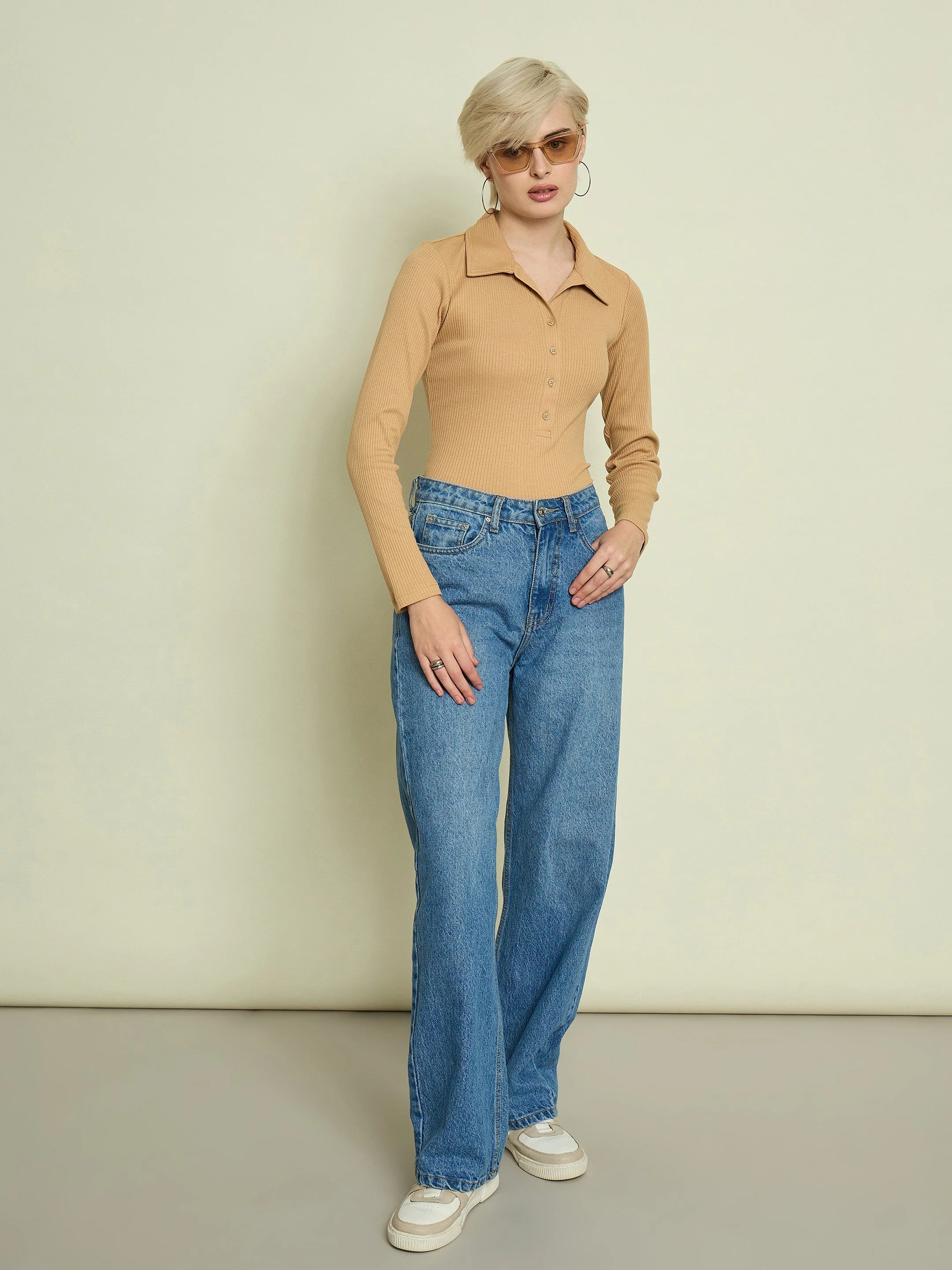 Women Tan Rib Polo Neck Full Sleeves Top - Image 2