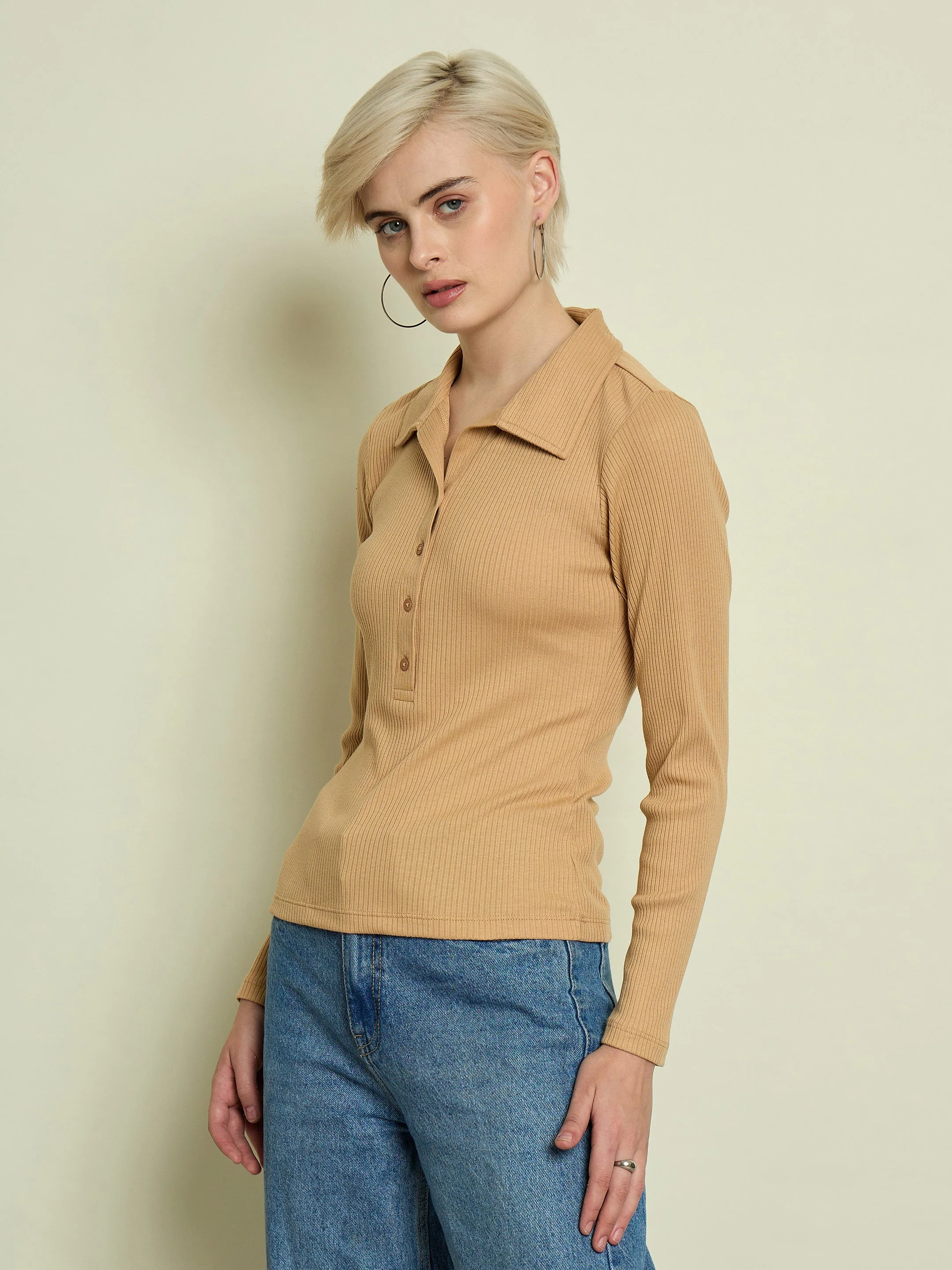 Women Tan Rib Polo Neck Full Sleeves Top - Image 3