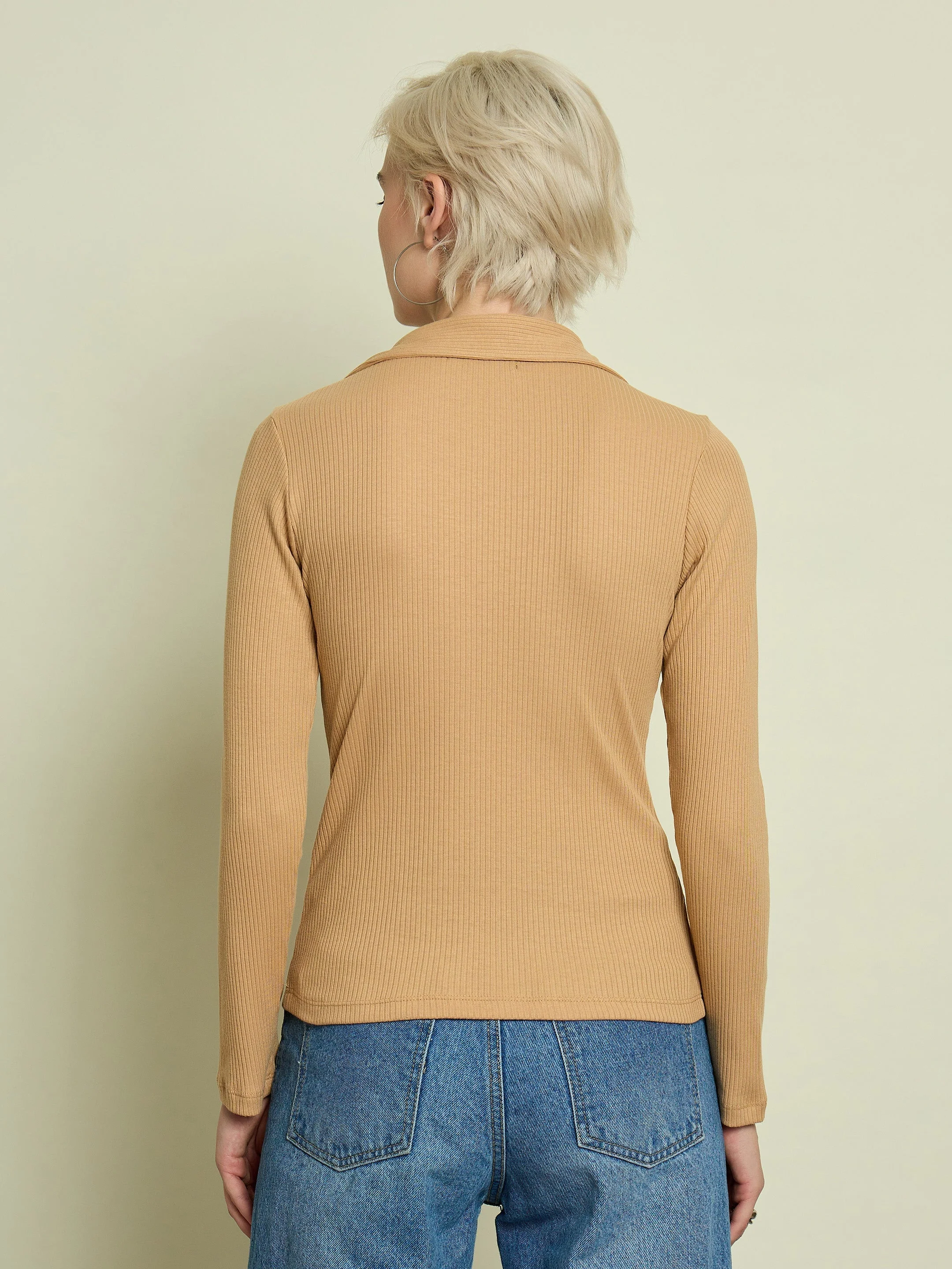 Women Tan Rib Polo Neck Full Sleeves Top - Image 5