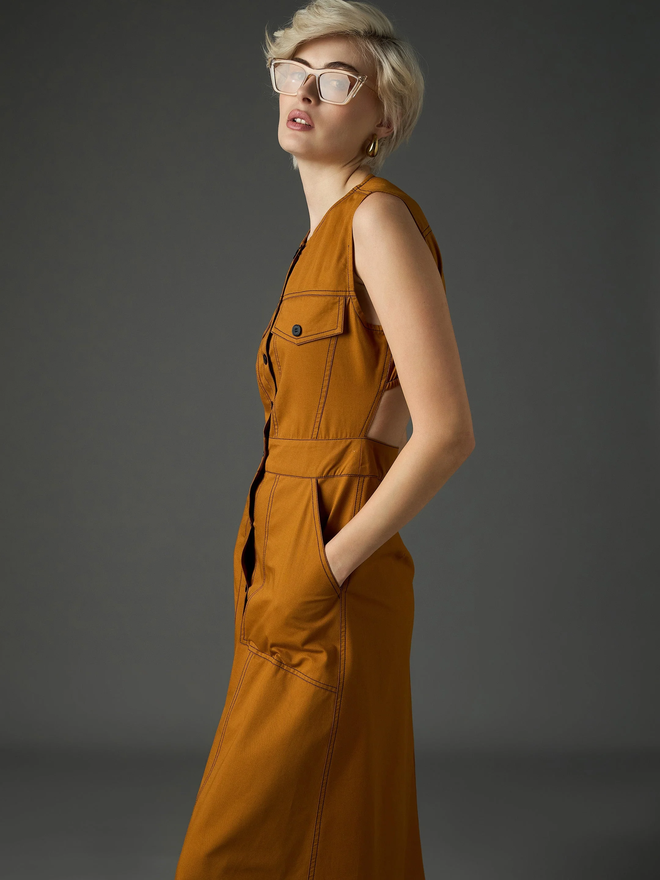 Women Tan Twill Waist Cut-Out Midi Dress - Image 2