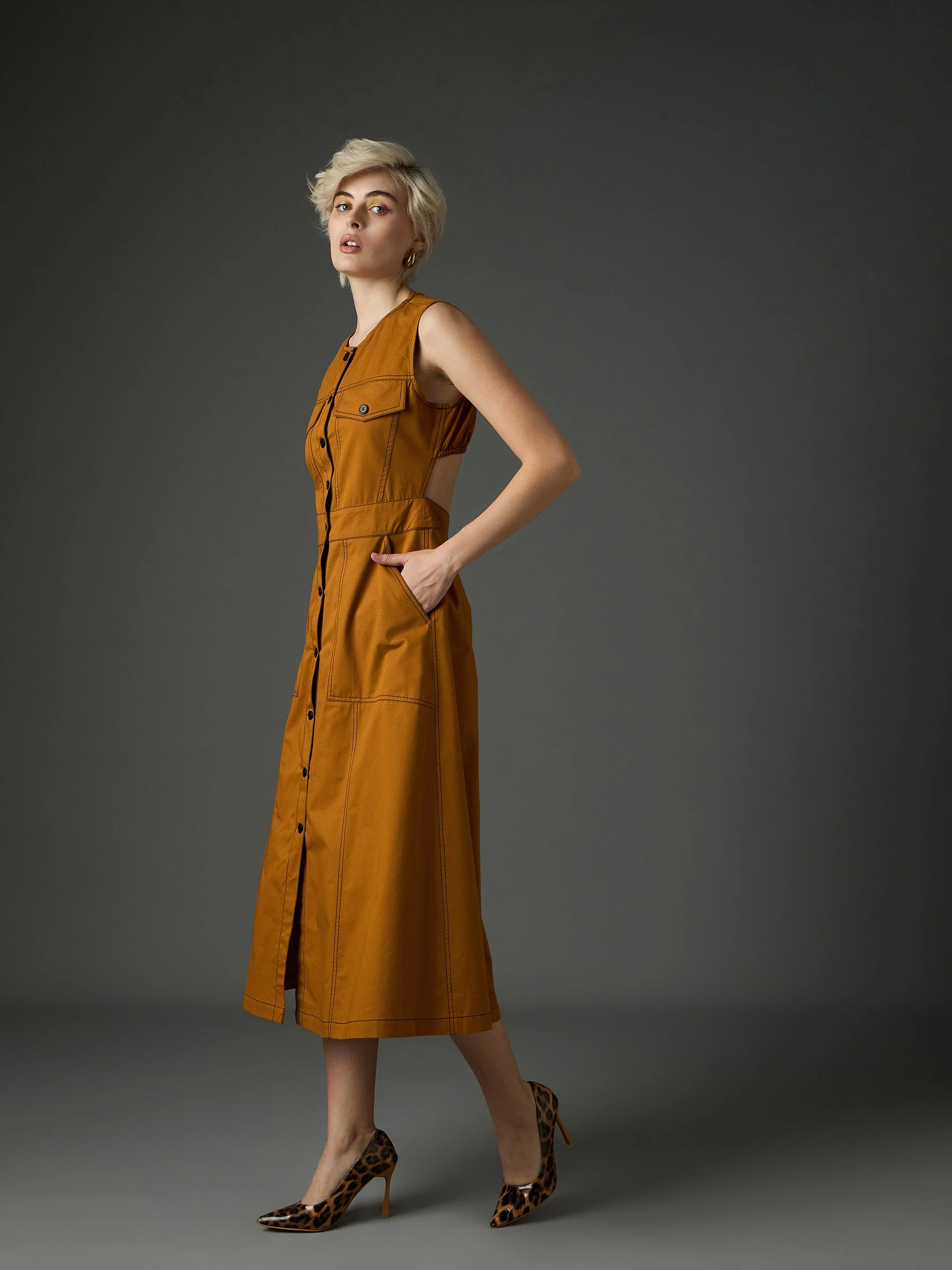 Women Tan Twill Waist Cut-Out Midi Dress - Image 3