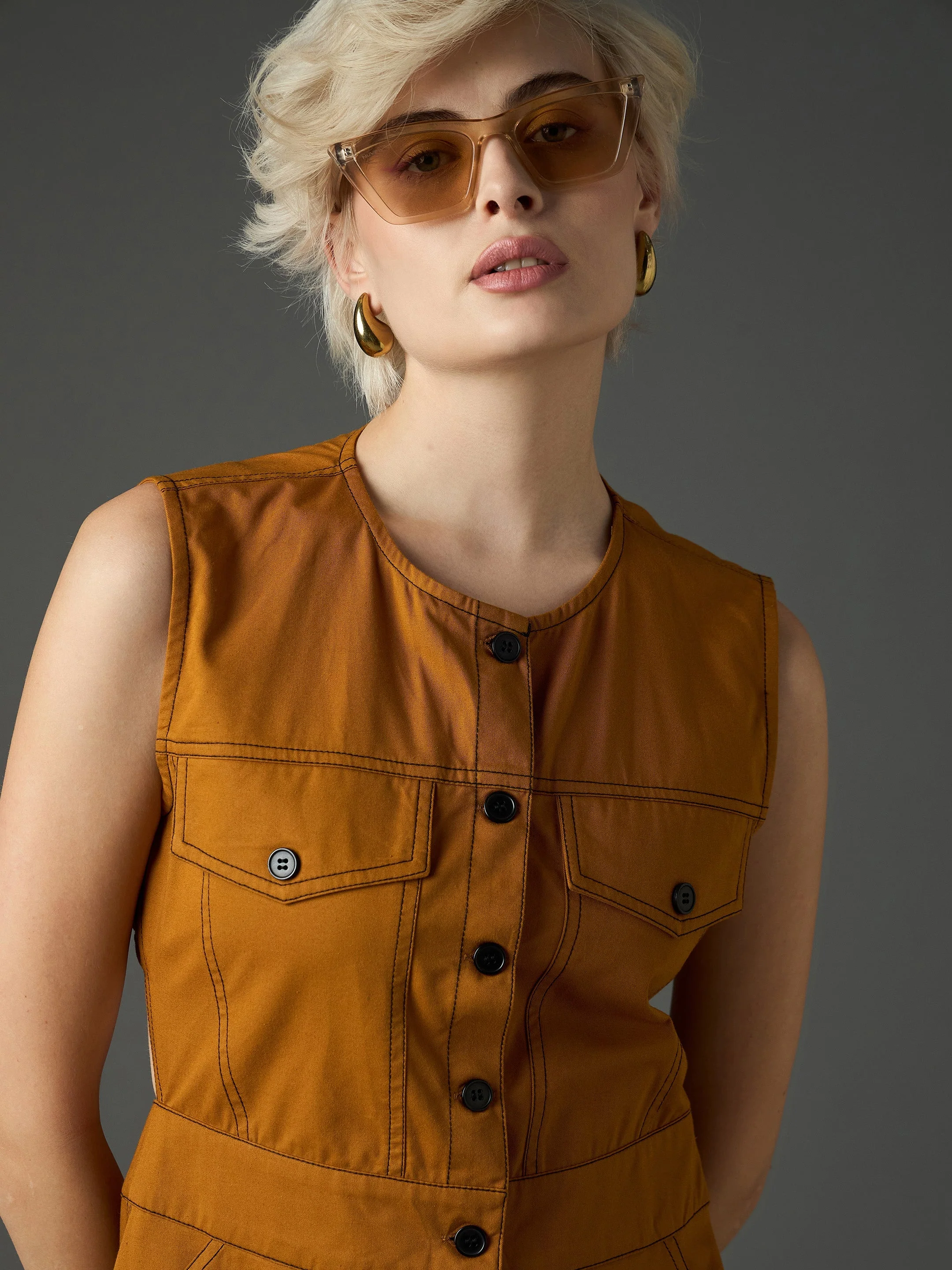 Women Tan Twill Waist Cut-Out Midi Dress - Image 4