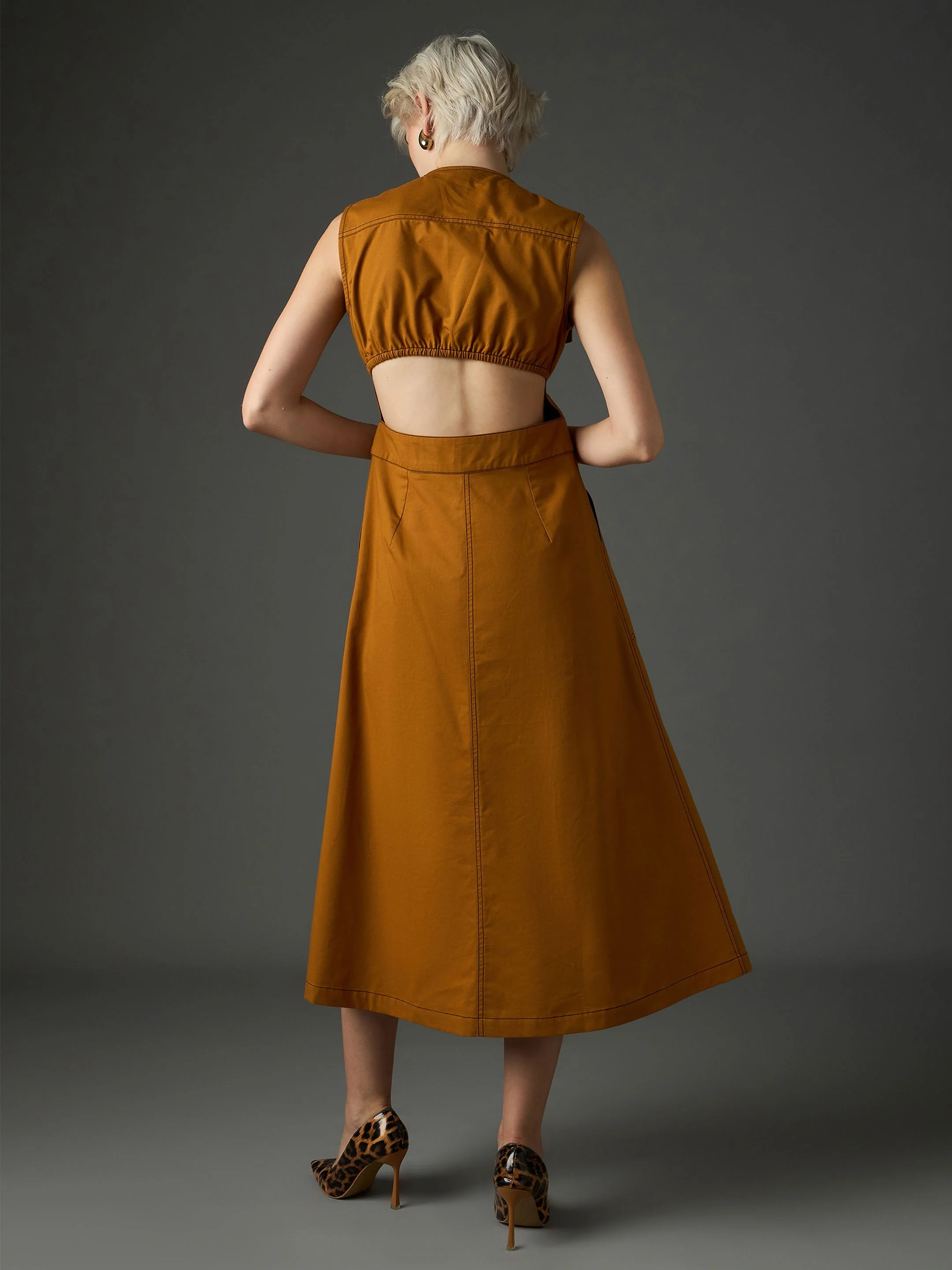 Women Tan Twill Waist Cut-Out Midi Dress - Image 5