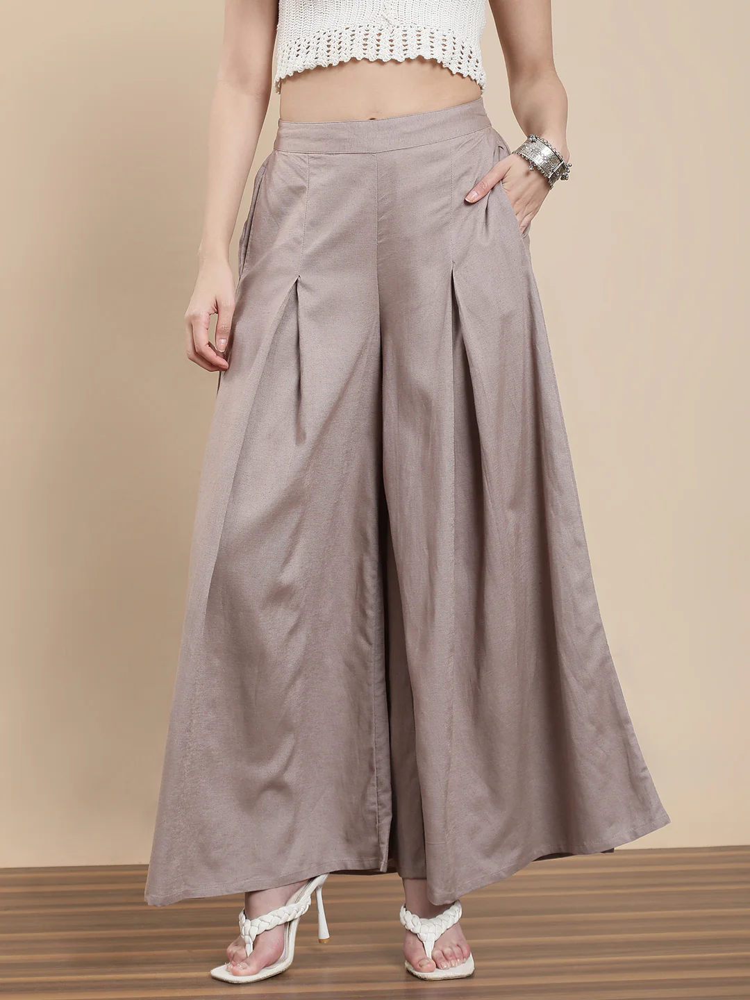 Women Taupe Casual Palazzo - Image 2