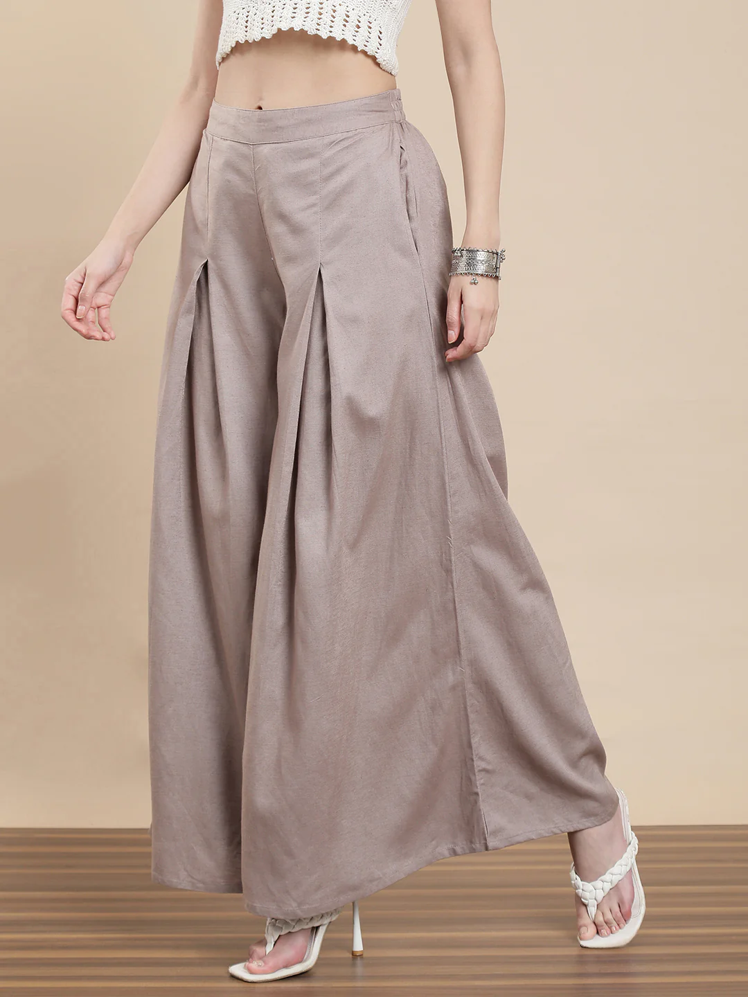 Women Taupe Casual Palazzo - Image 4