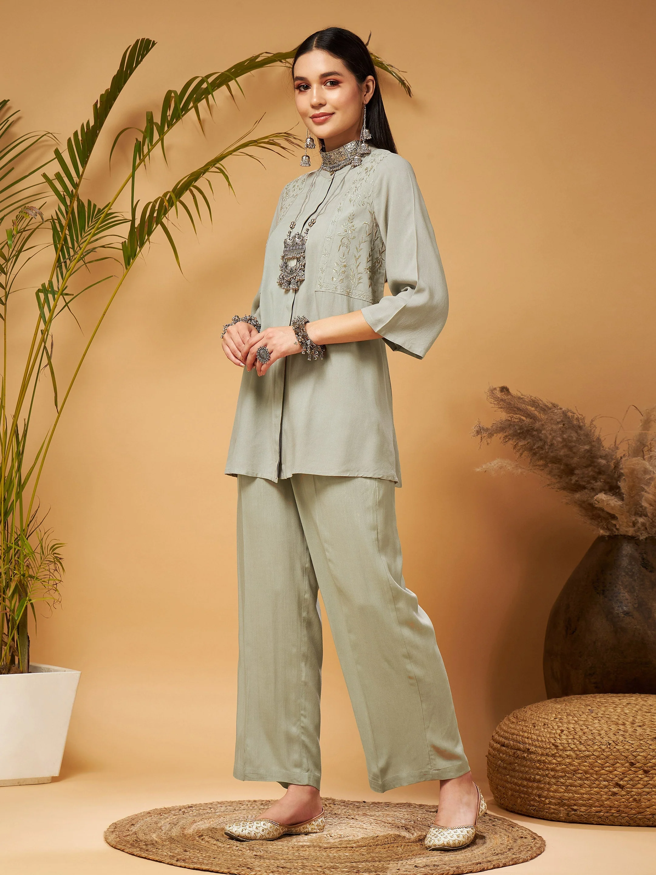 Women Taupe Embroidered Top With Palazzos - Image 3