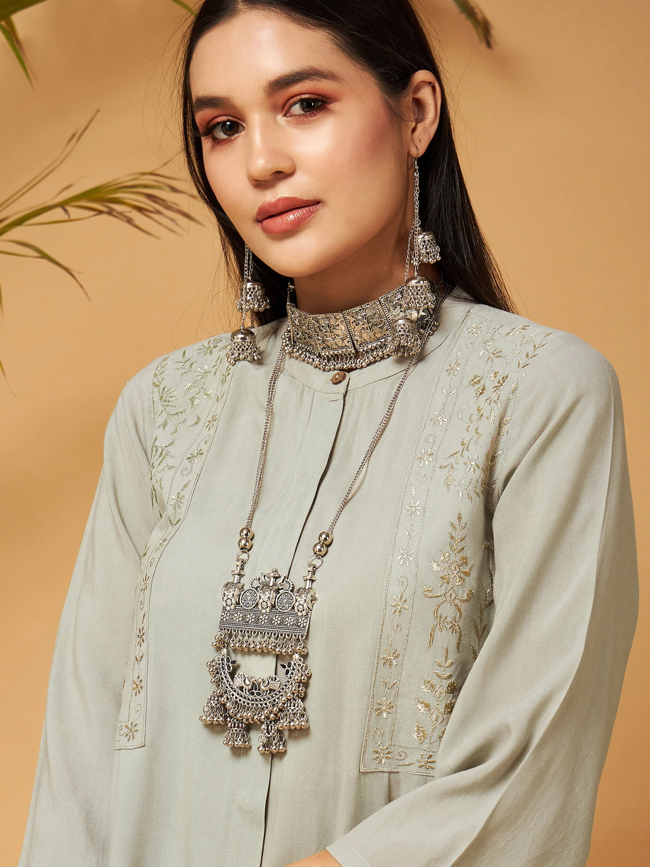 Women Taupe Embroidered Top With Palazzos - Image 4