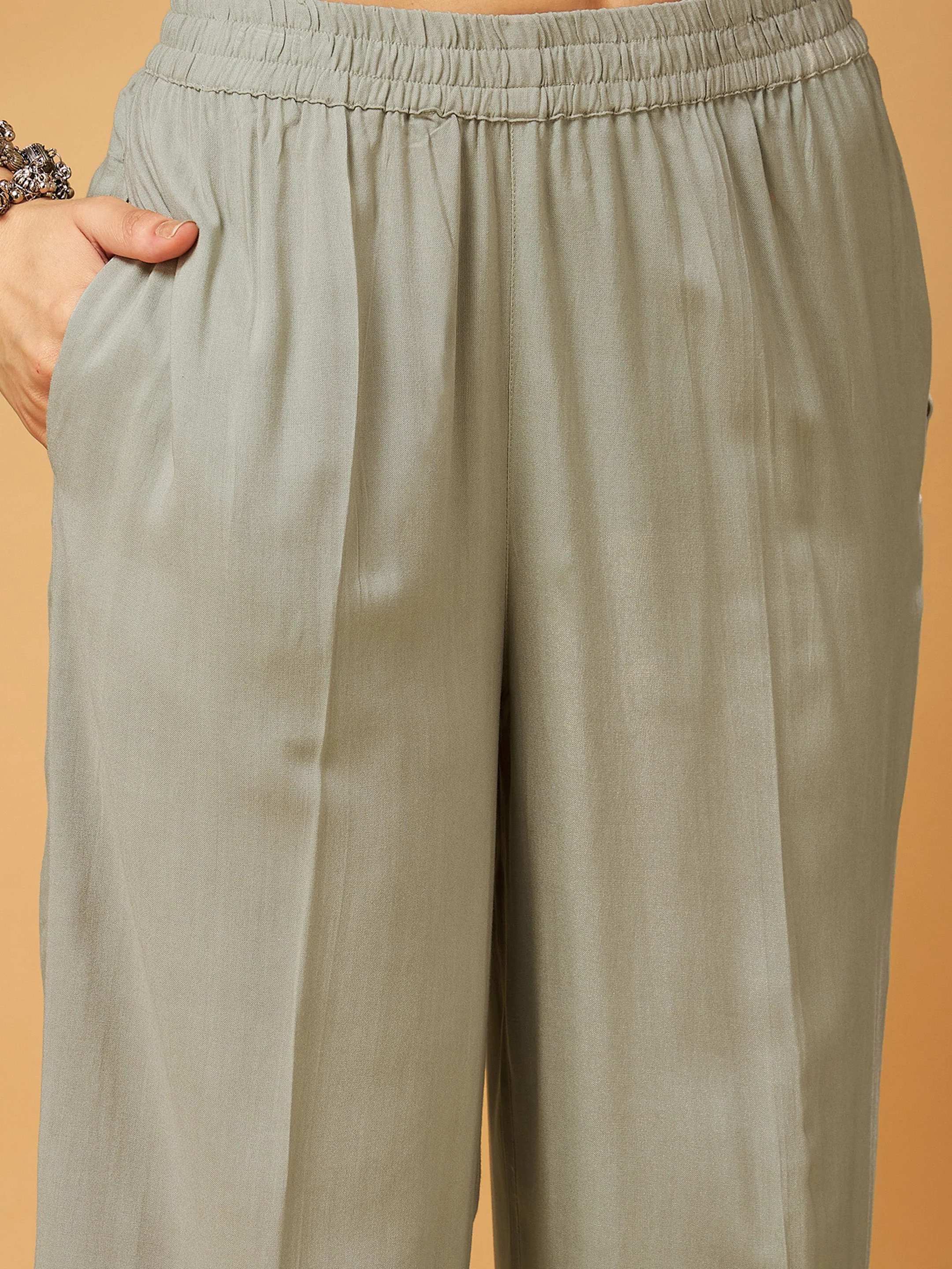 Women Taupe Embroidered Top With Palazzos - Image 5