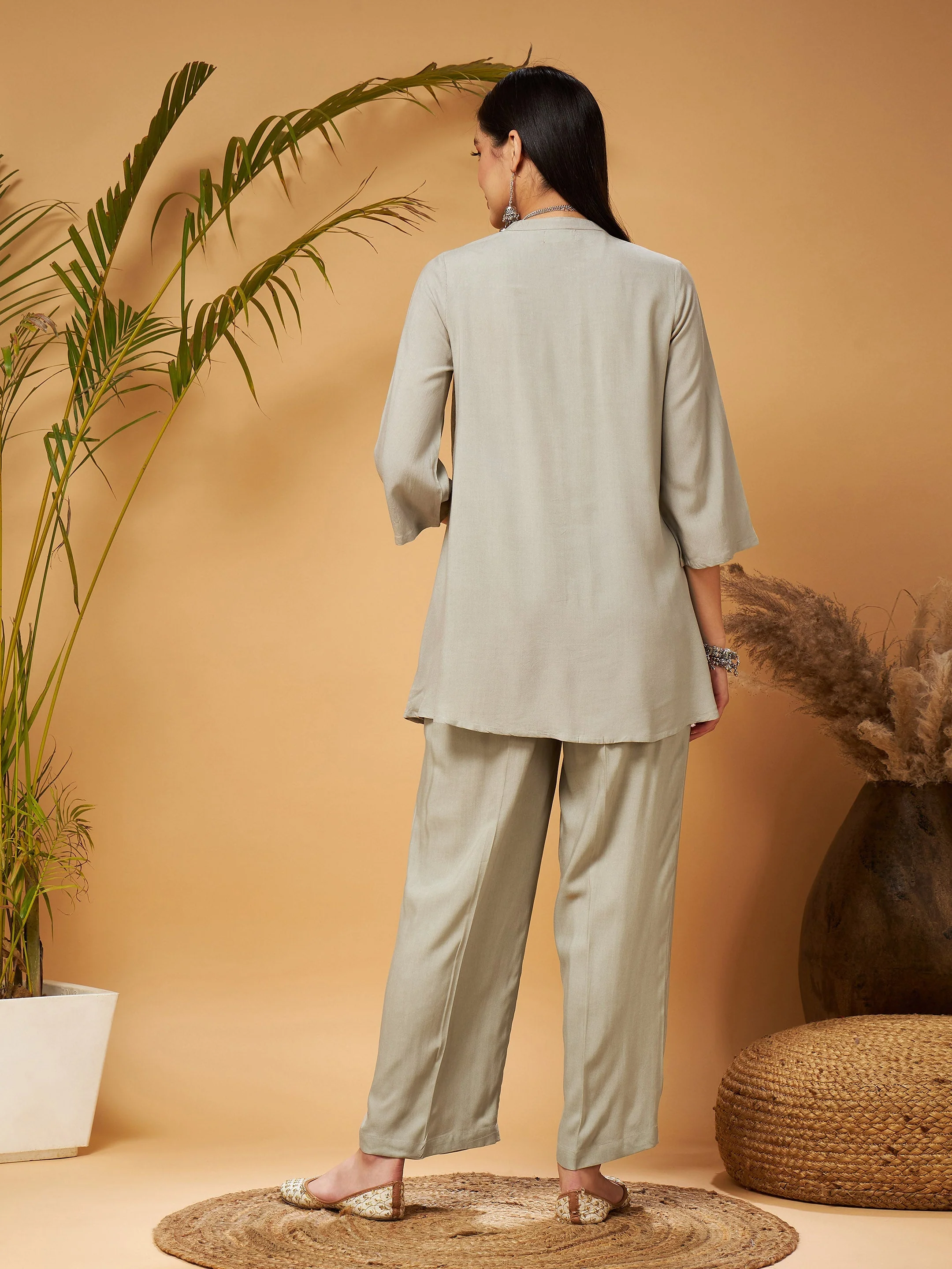 Women Taupe Embroidered Top With Palazzos - Image 6