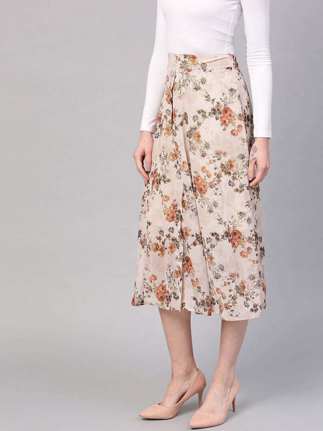 Women Taupe Floral A-Line Skirt - Image 2