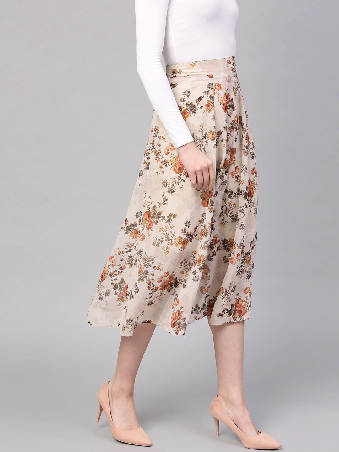 Women Taupe Floral A-Line Skirt - Image 4