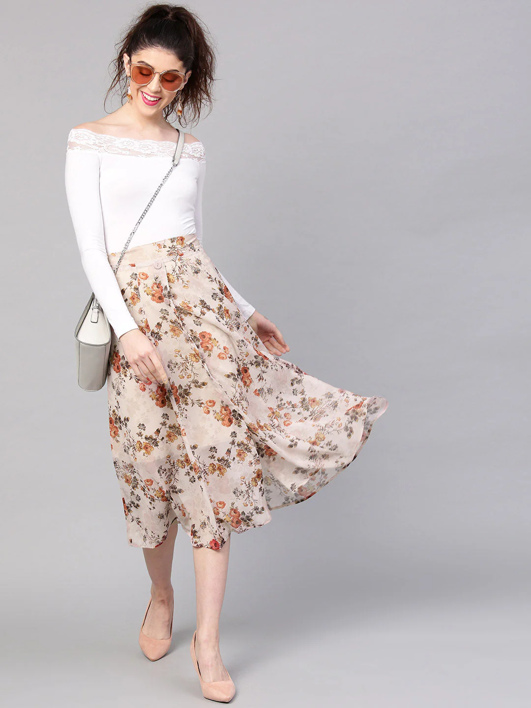 Women Taupe Floral A-Line Skirt - Image 6