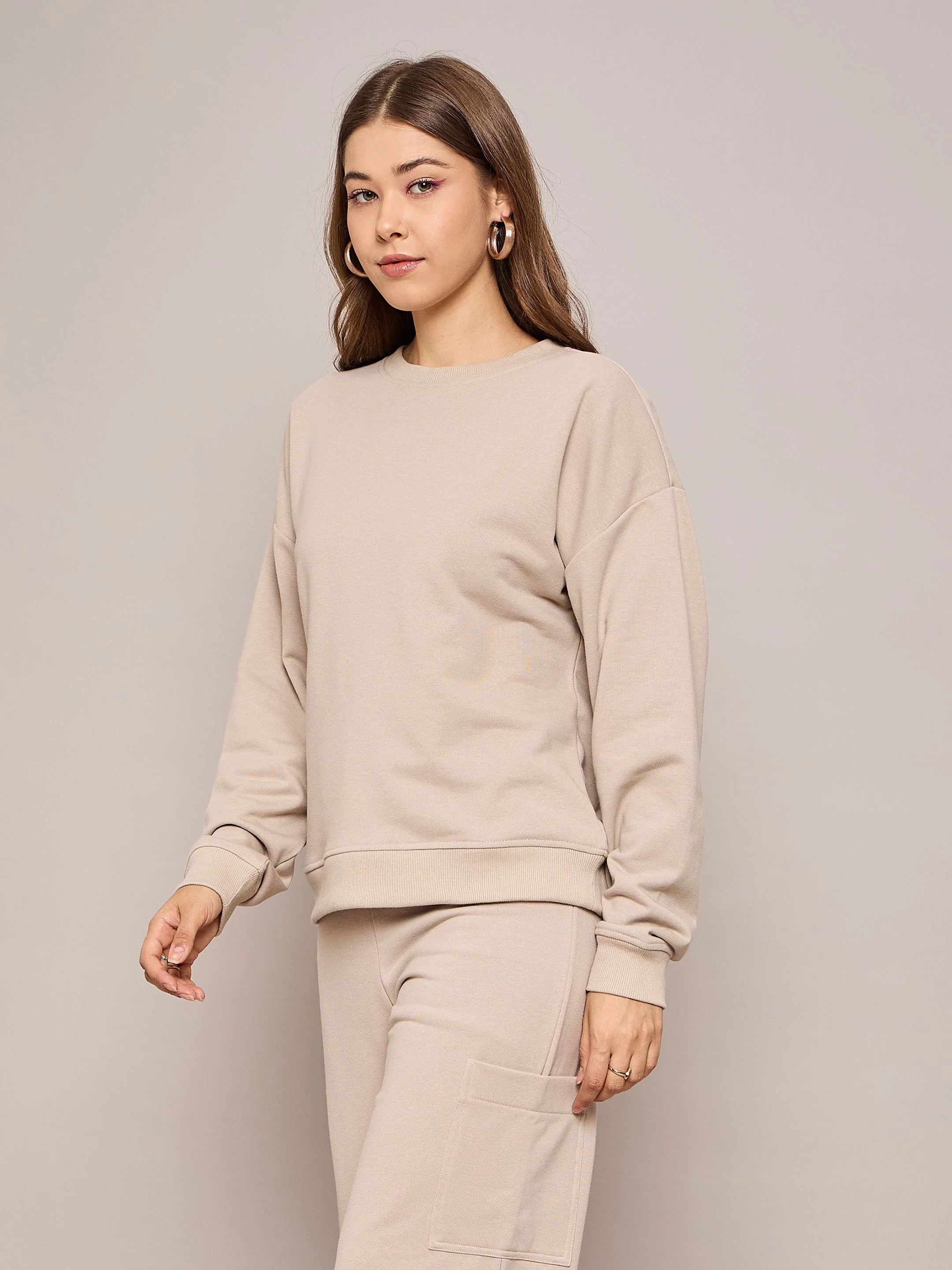 Women Taupe Terry Oversized Sweatshirt - Image 3