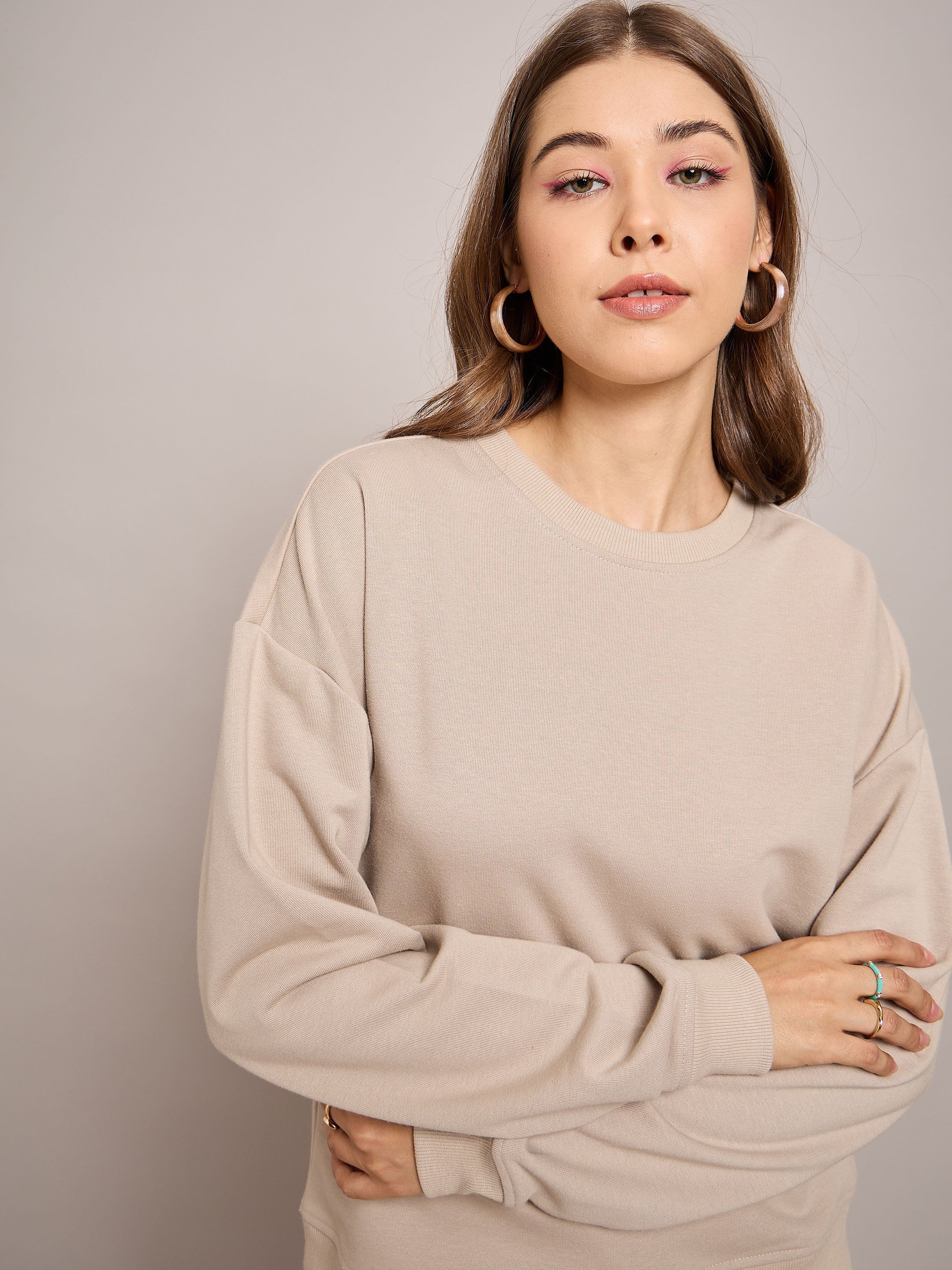Women Taupe Terry Oversized Sweatshirt - Image 4