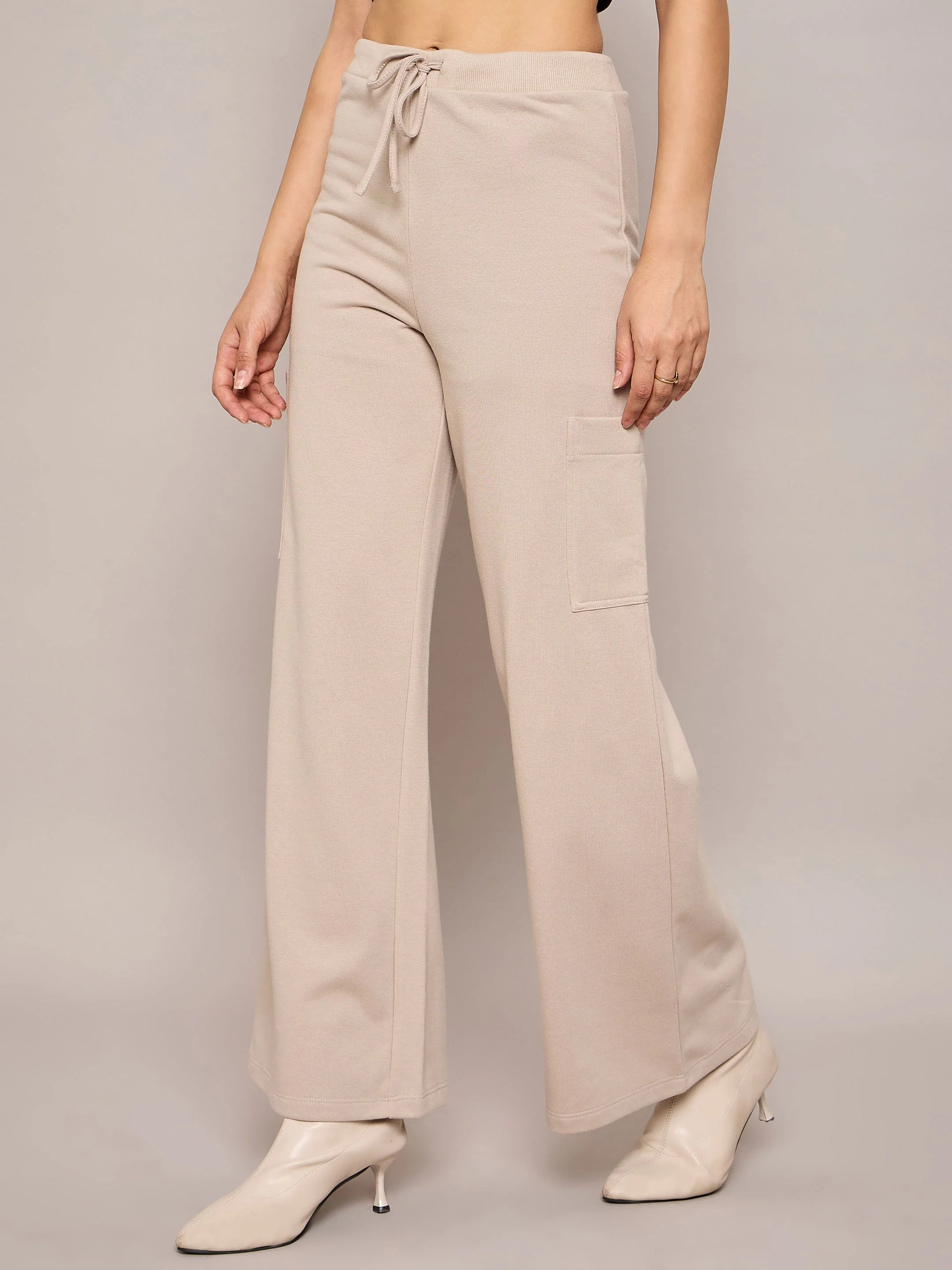 Women Taupe Terry Wide Leg Track Pants - Image 3