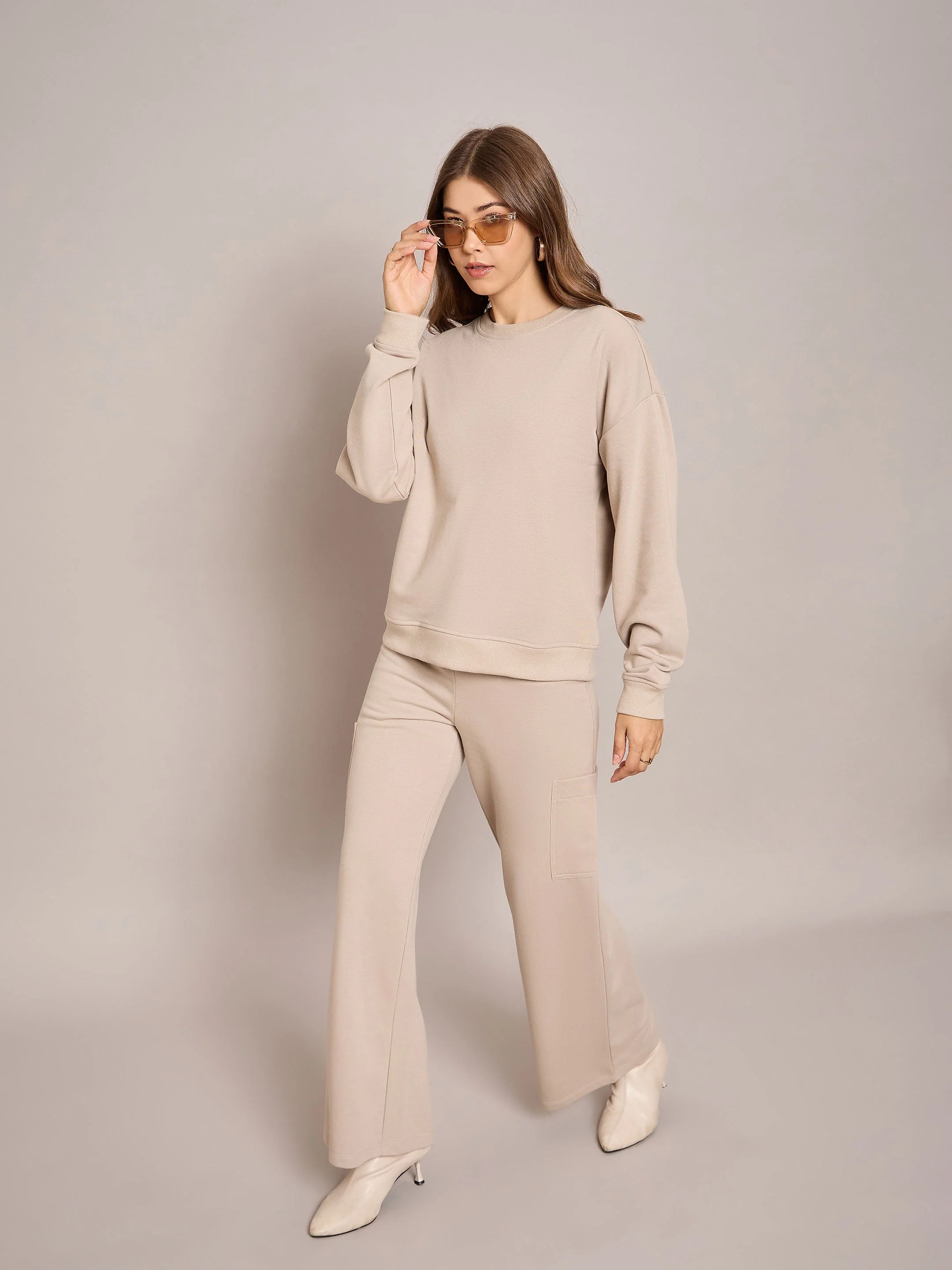 Women Taupe Terry Wide Leg Track Pants - Image 5