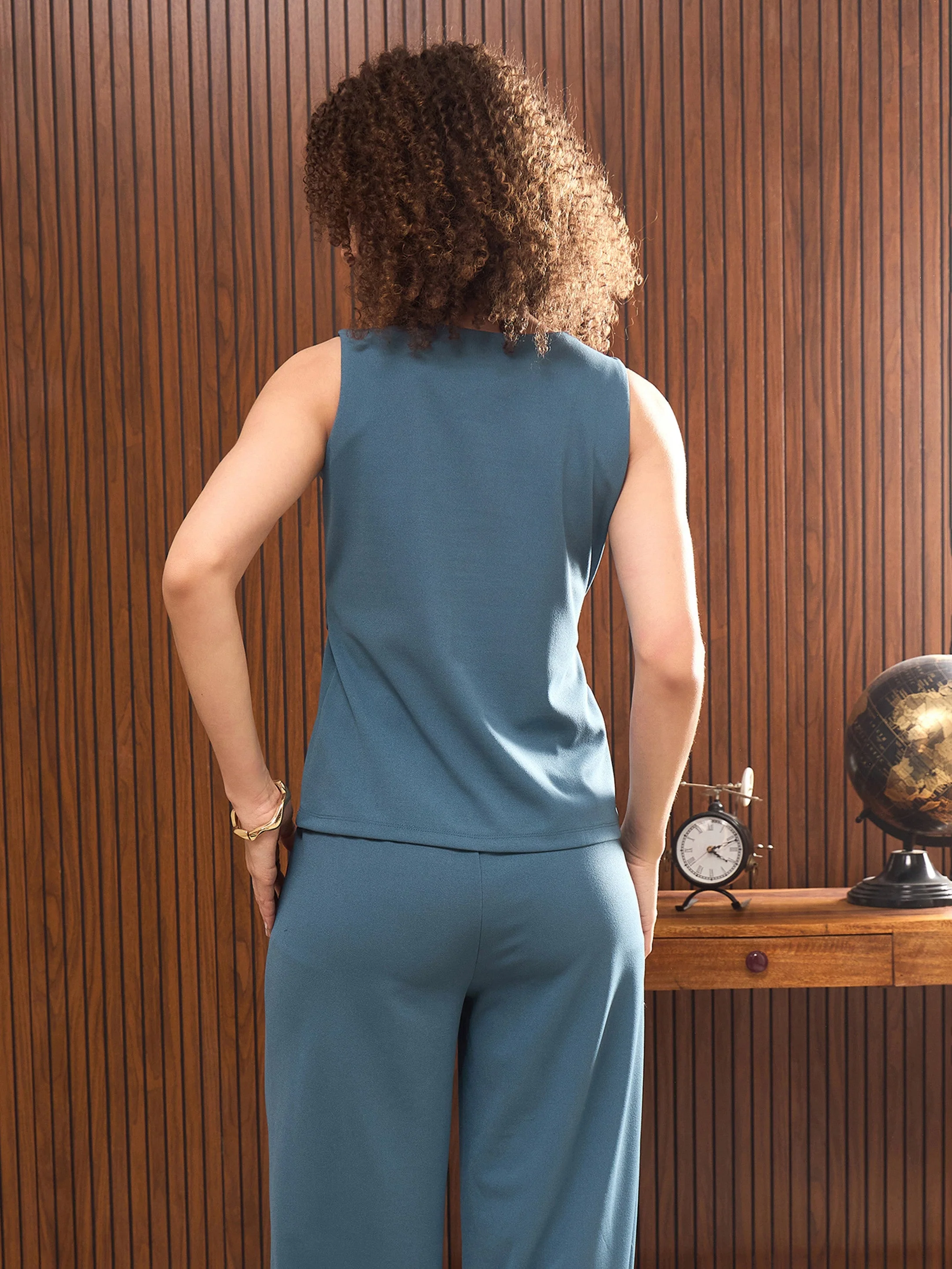 Women Teal Blue Sleeveless Front Zipper Belted Top - Image 5