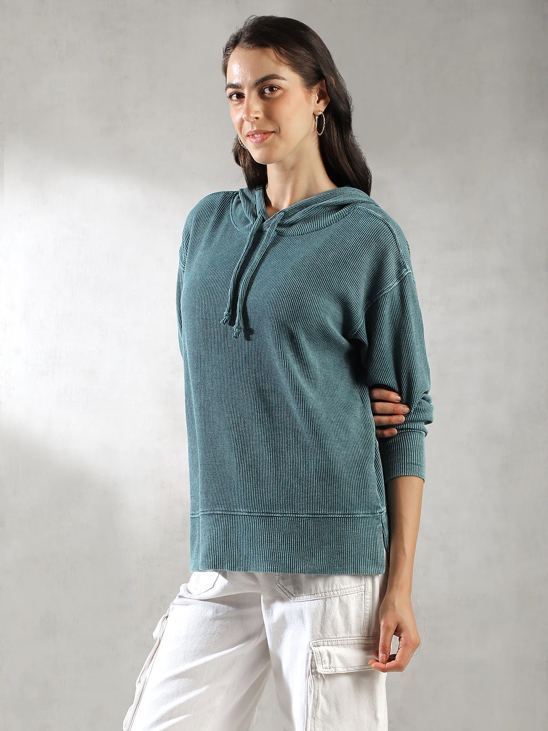 Women Teal Ribbed Hoodie - Image 2