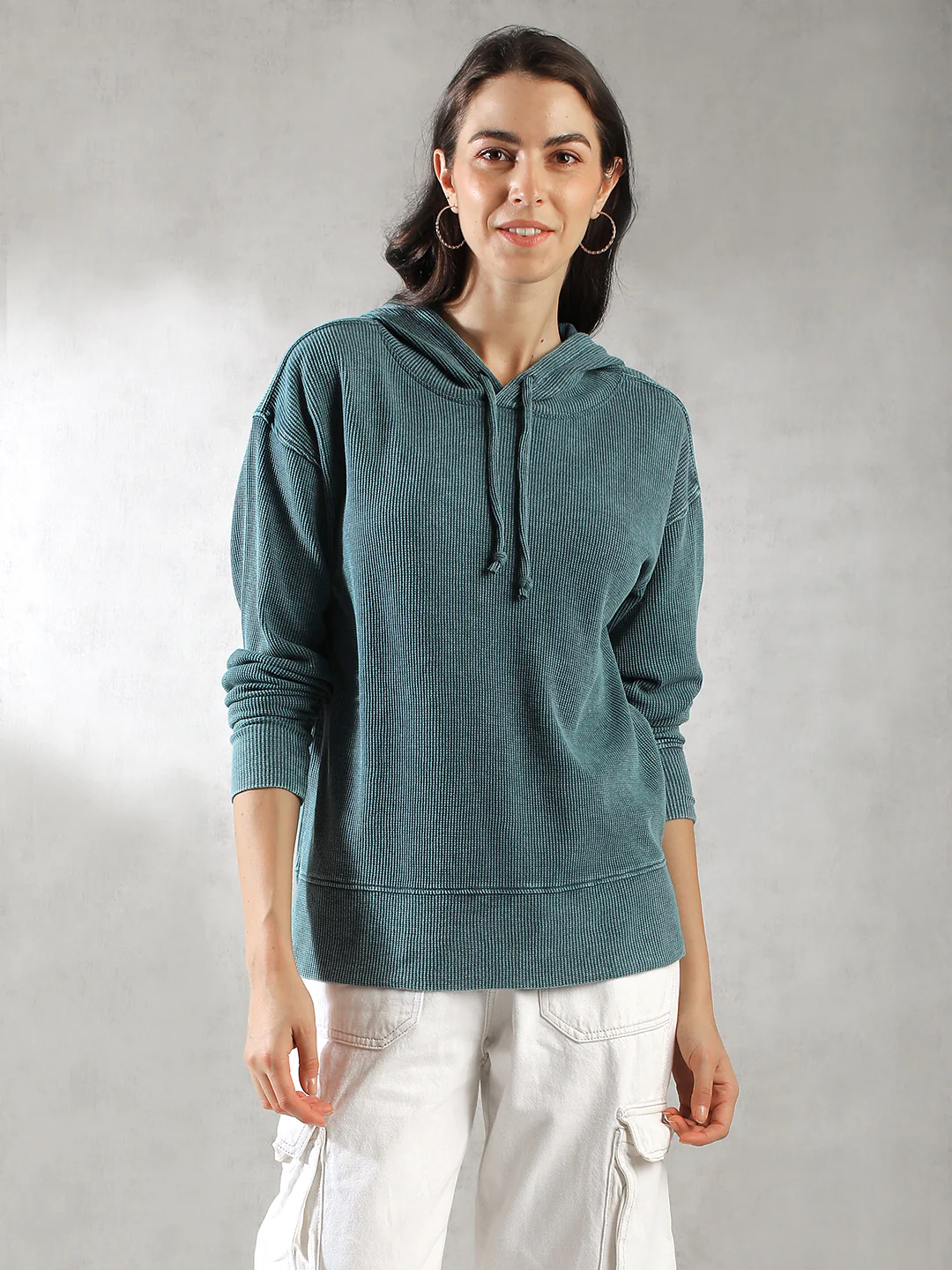 Women Teal Ribbed Hoodie - Image 3