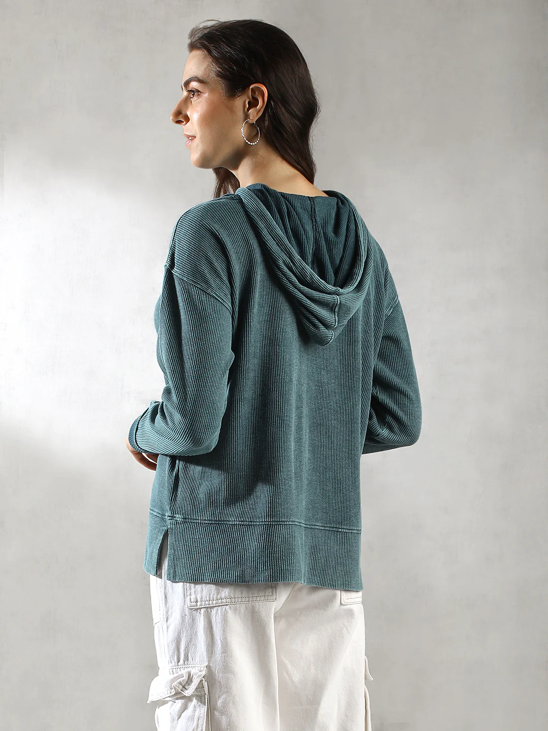 Women Teal Ribbed Hoodie - Image 4