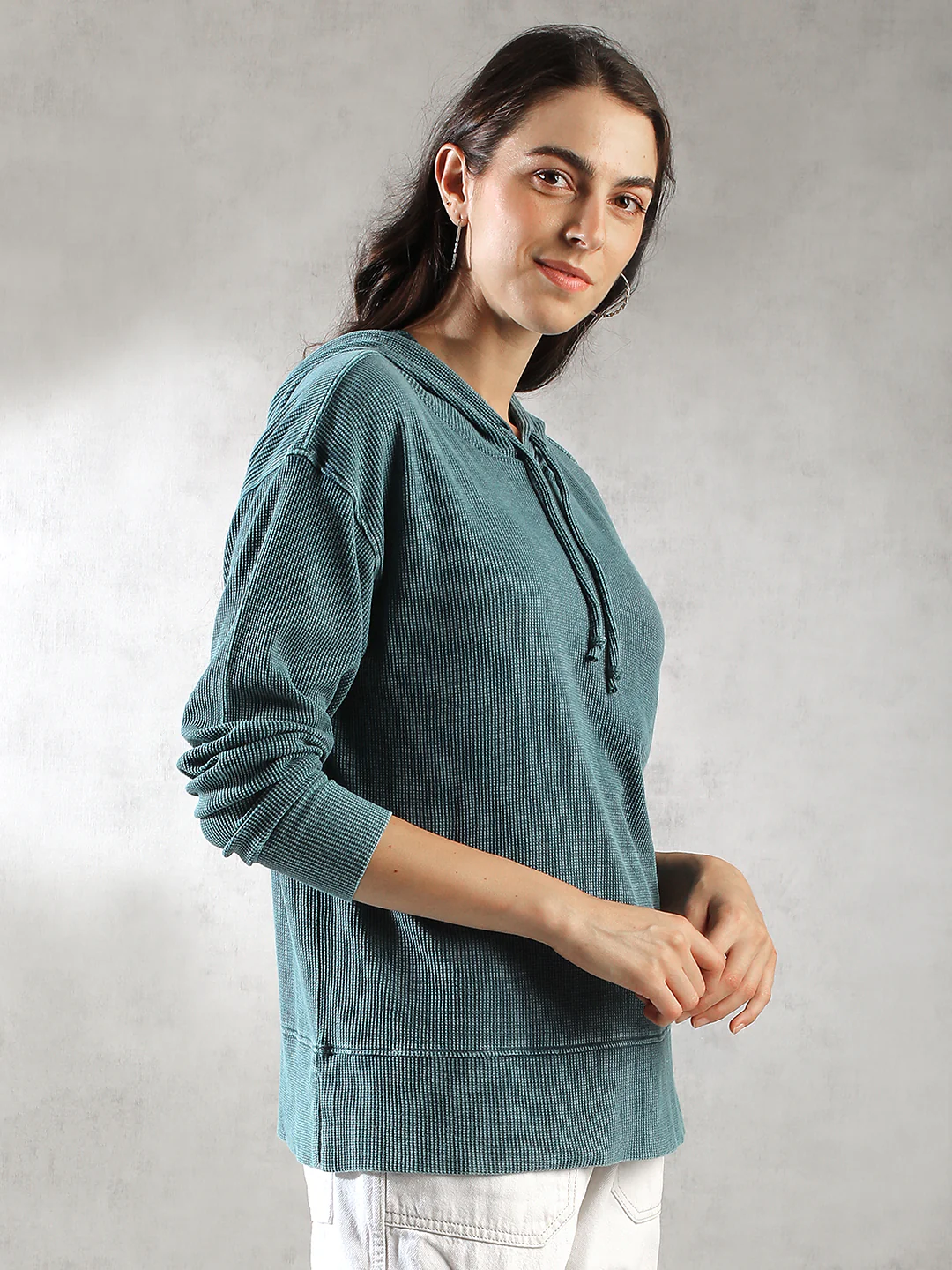 Women Teal Ribbed Hoodie - Image 6