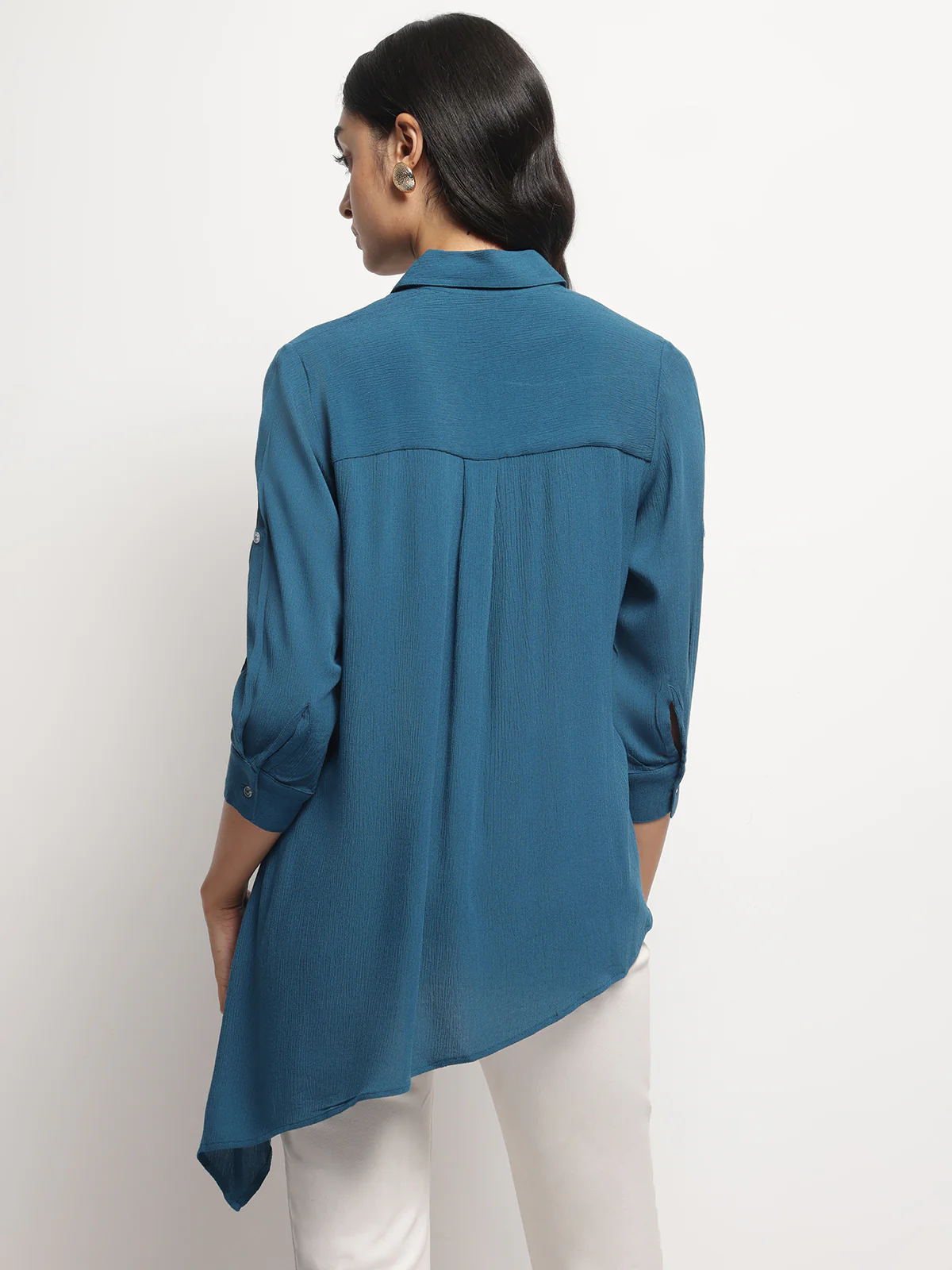 Women Teal Crinkle Asymmetrical Shirt - Image 2