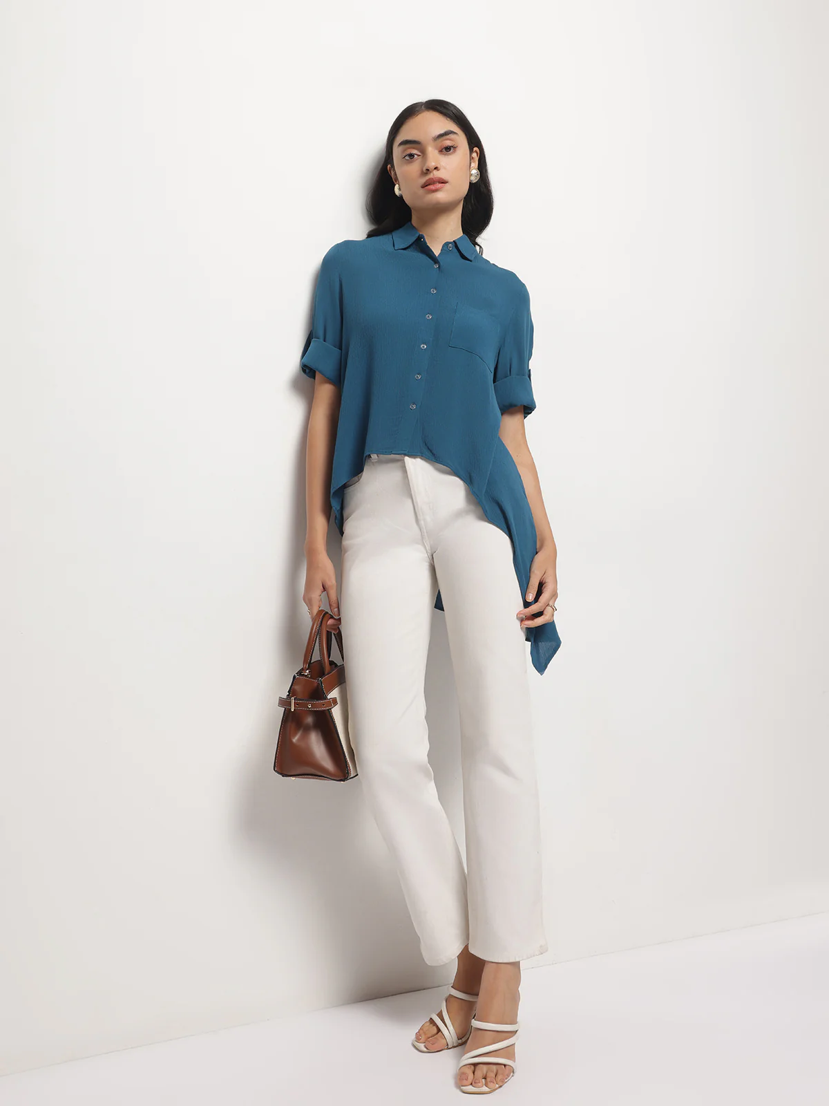 Women Teal Crinkle Asymmetrical Shirt - Image 4