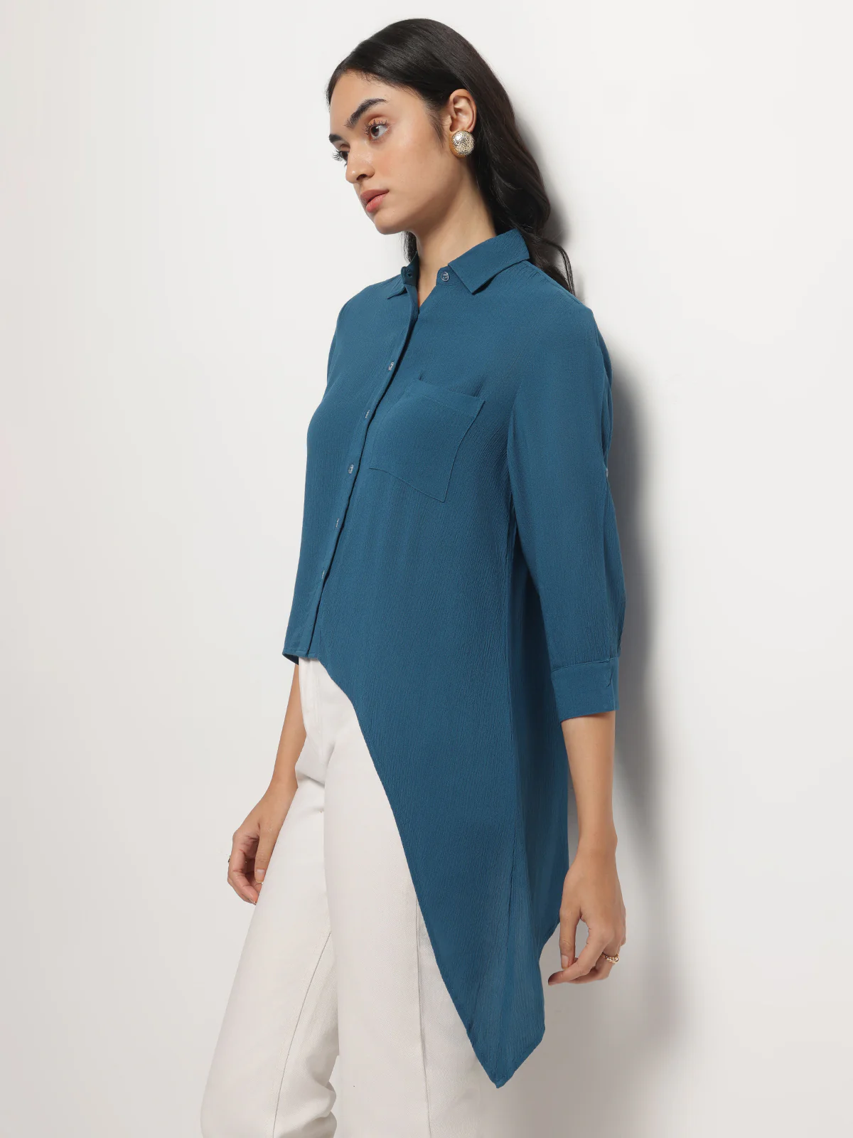 Women Teal Crinkle Asymmetrical Shirt - Image 5