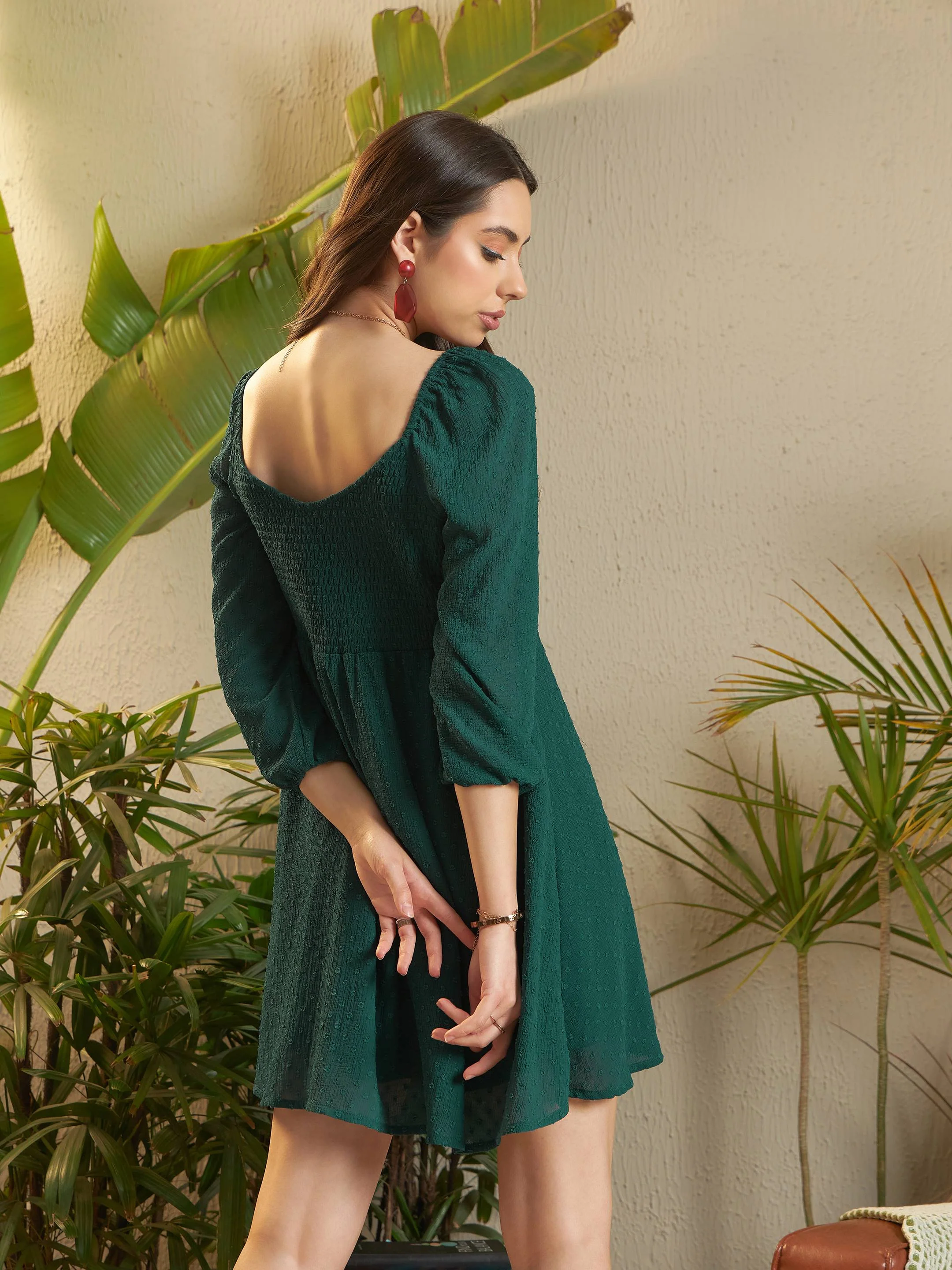 Women Teal Dobby  Ruched Skater Dress - Image 2