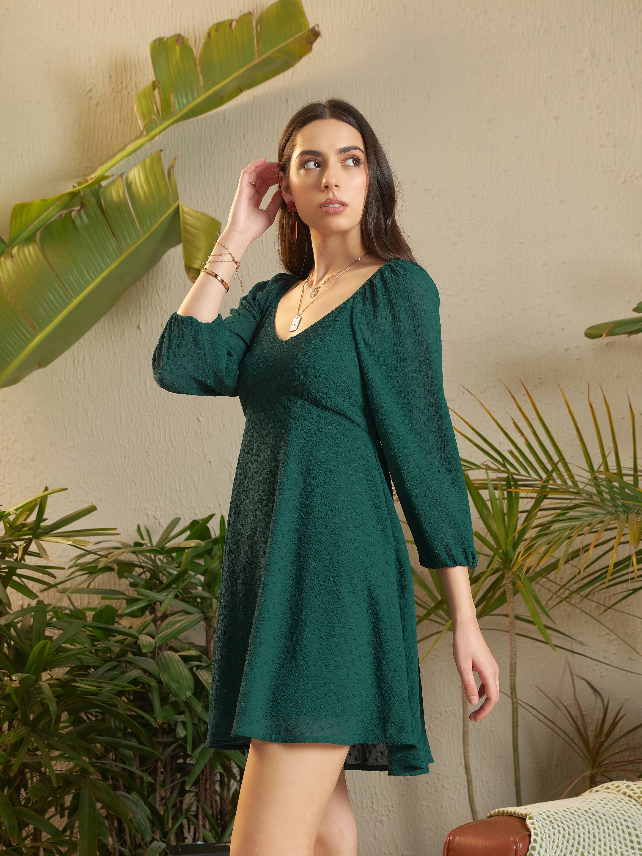 Women Teal Dobby  Ruched Skater Dress - Image 6