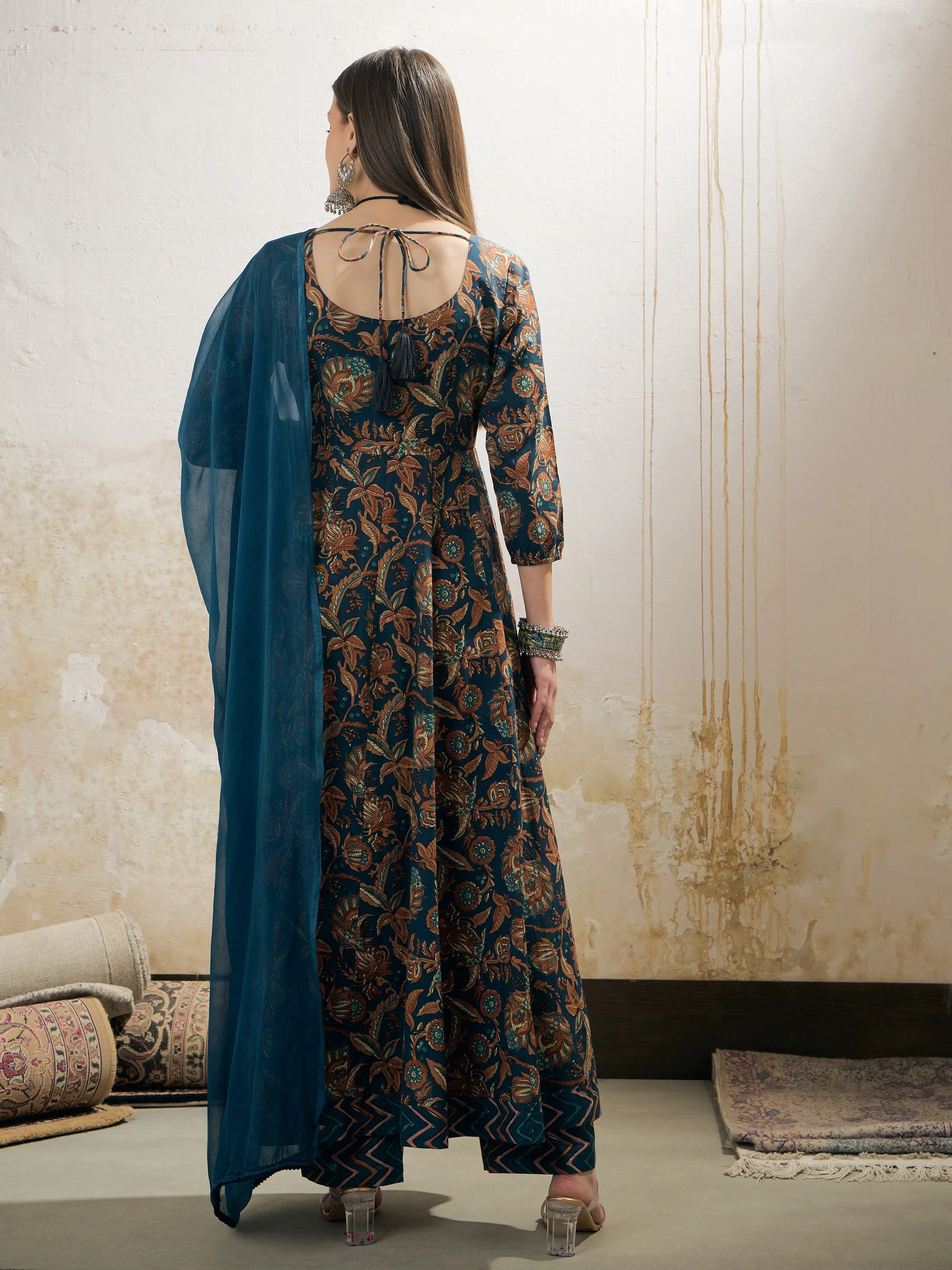 Women Teal Floral Anarkali Kurta With Pencil Pant & Dupatta - Image 5
