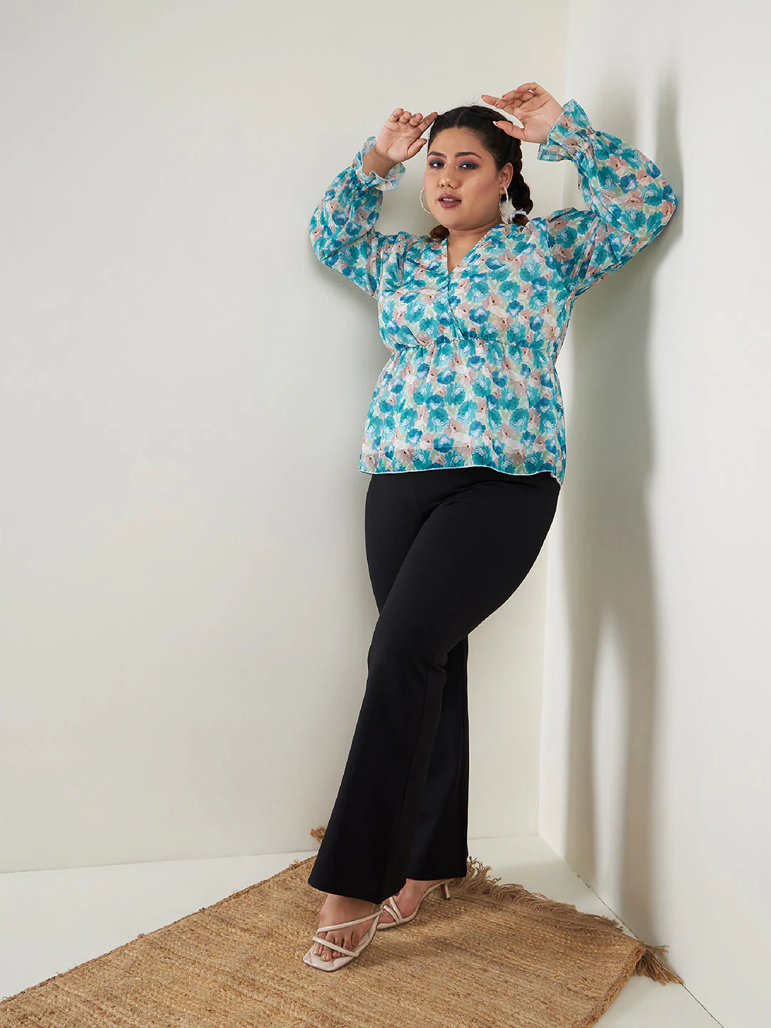 Women Teal Floral Printed Top - Image 2