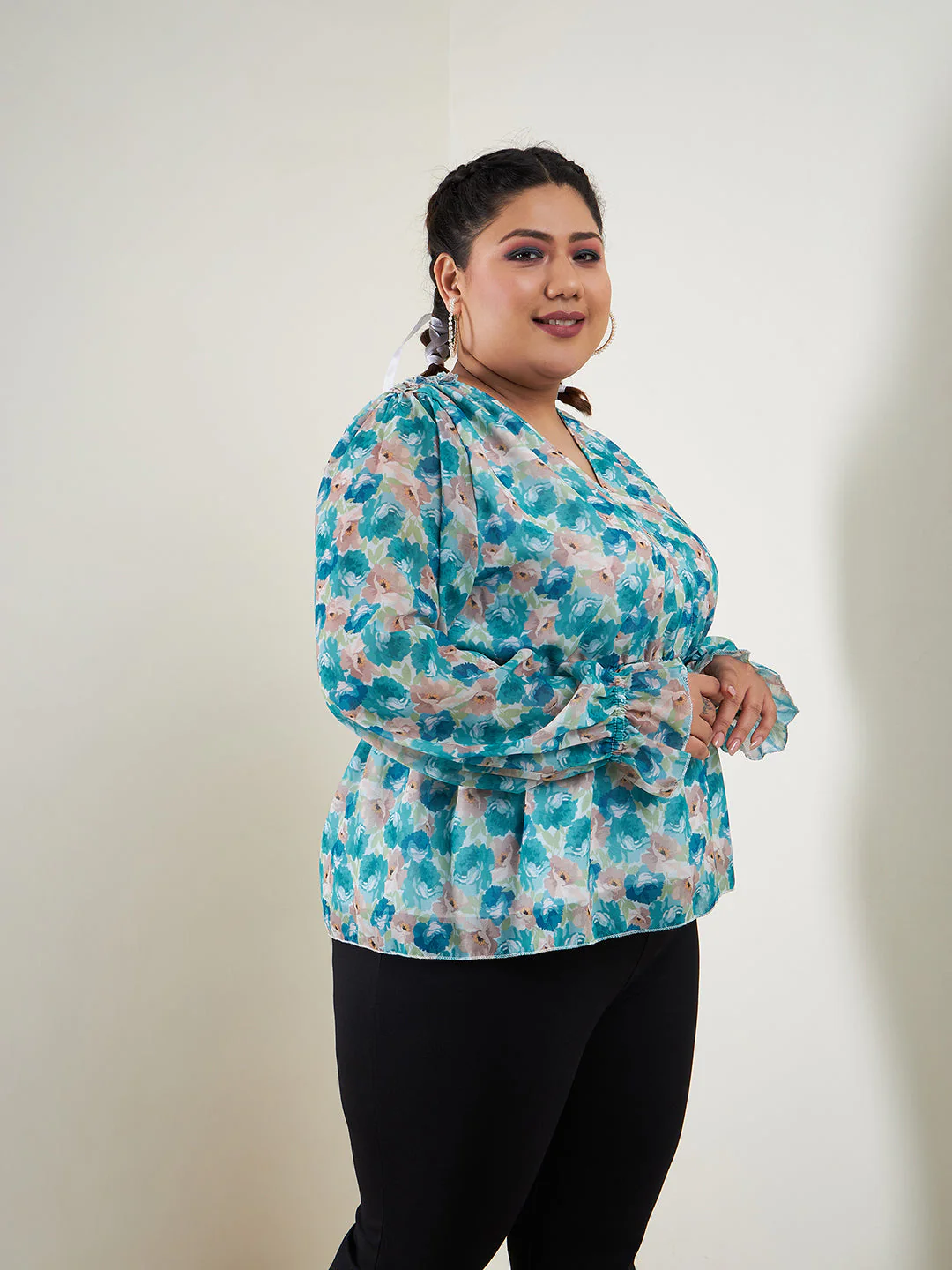 Women Teal Floral Printed Top - Image 3