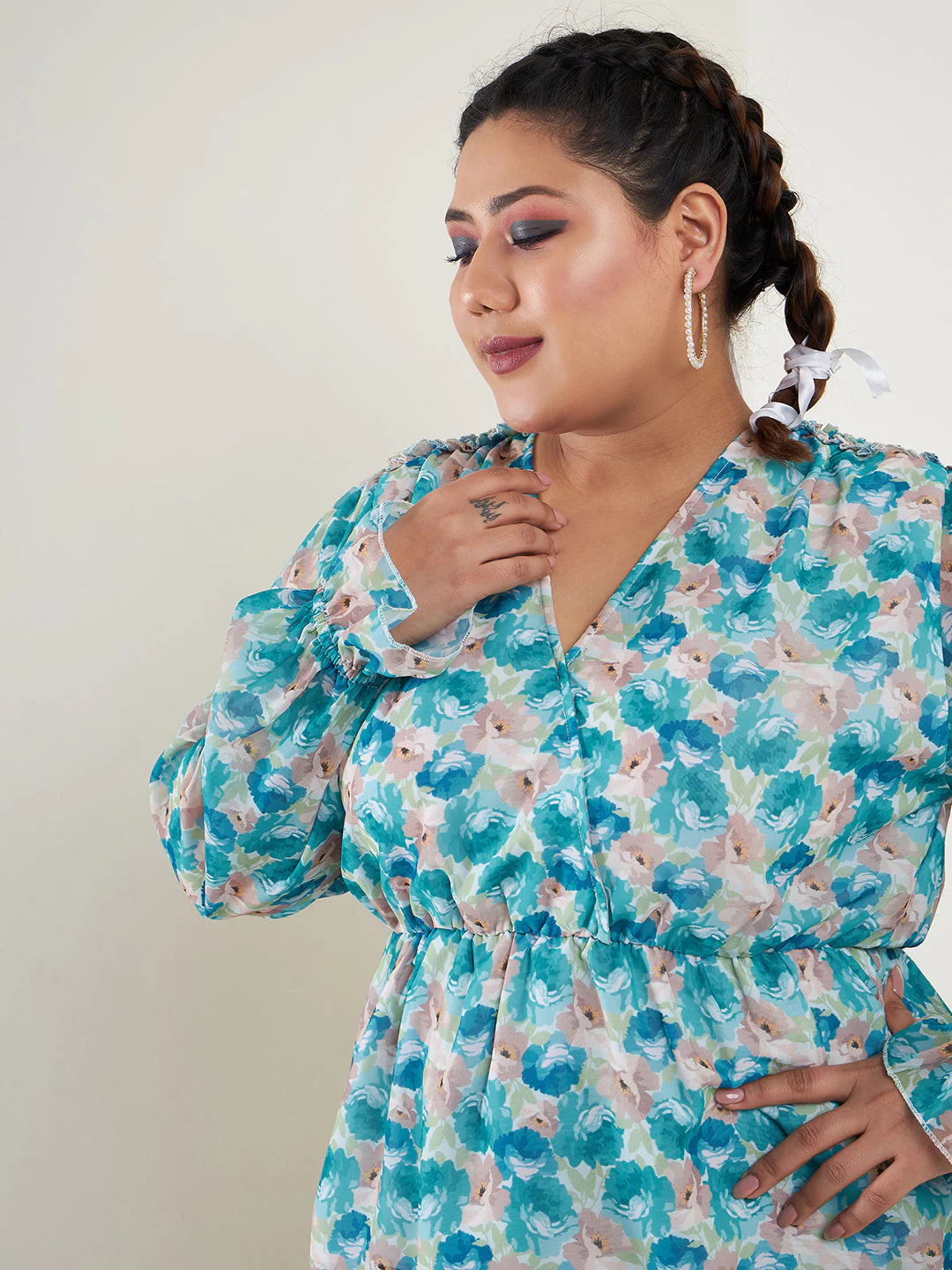 Women Teal Floral Printed Top - Image 4