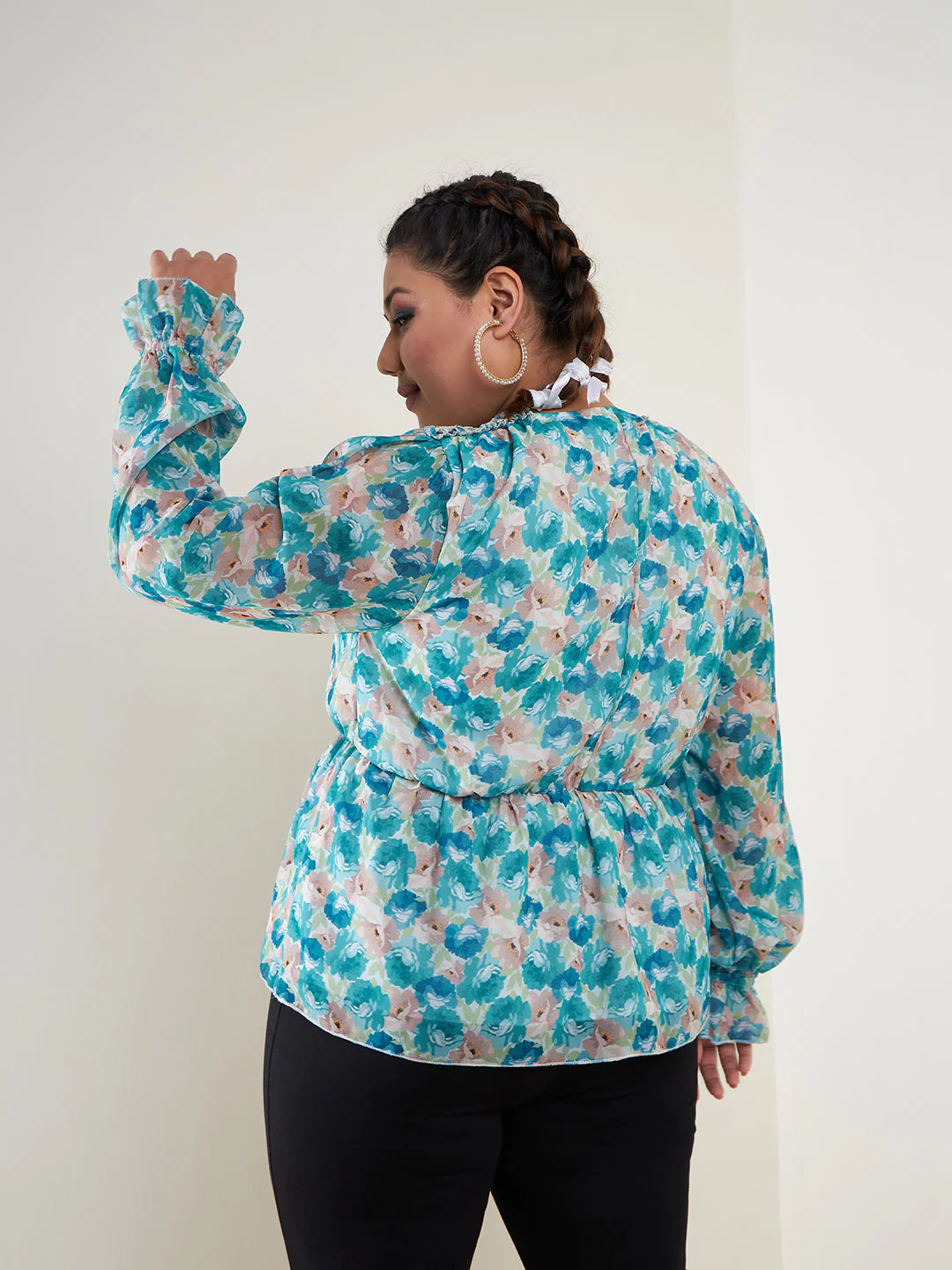 Women Teal Floral Printed Top - Image 5