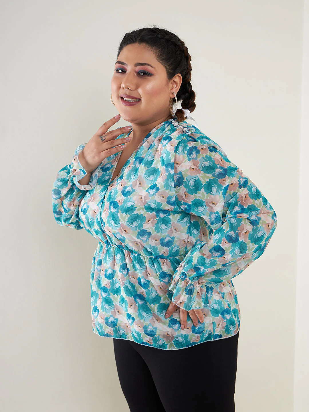 Women Teal Floral Printed Top - Image 6
