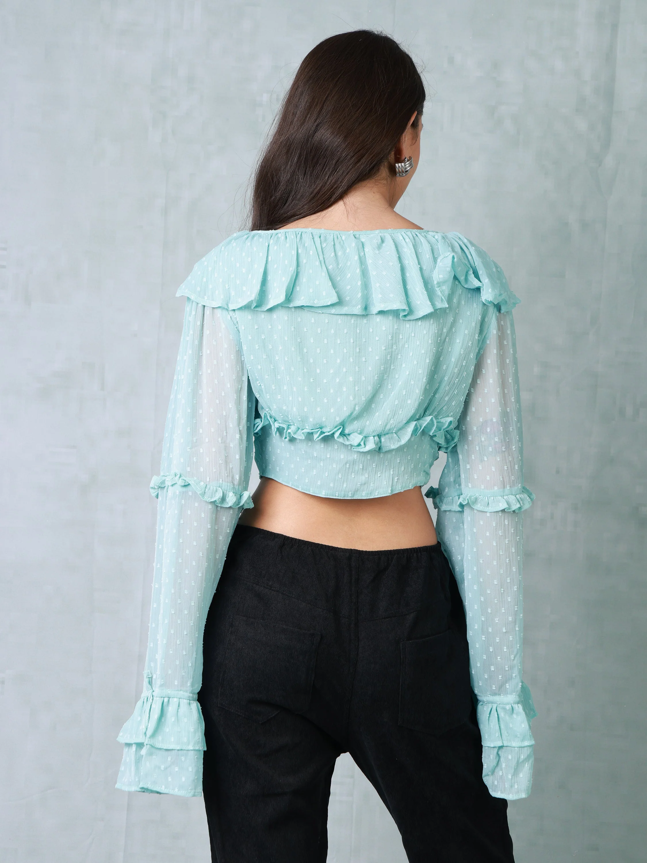 Women Teal Frilled Crop Top - Image 3