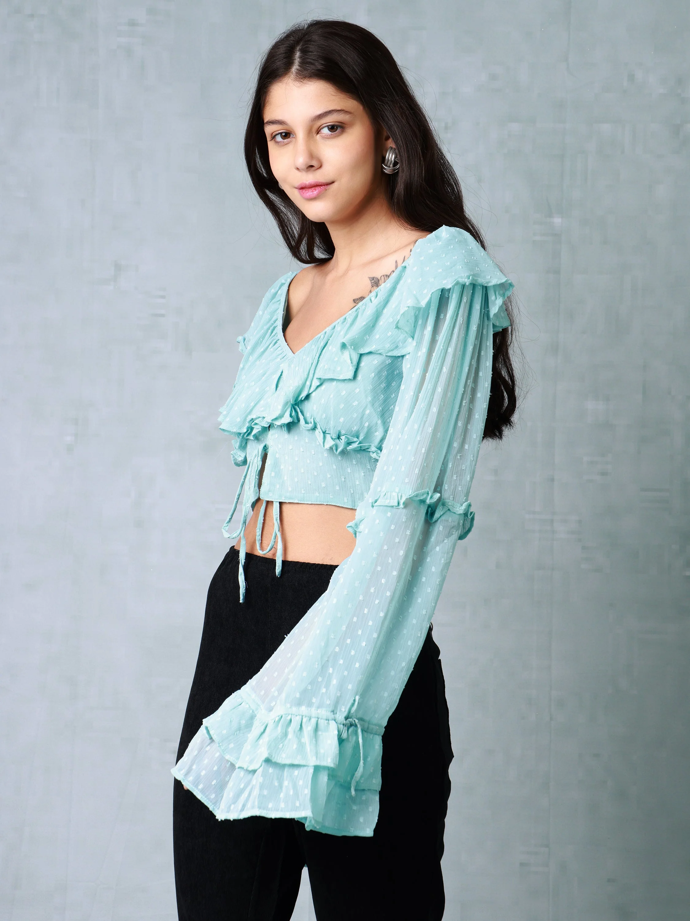 Women Teal Frilled Crop Top - Image 4