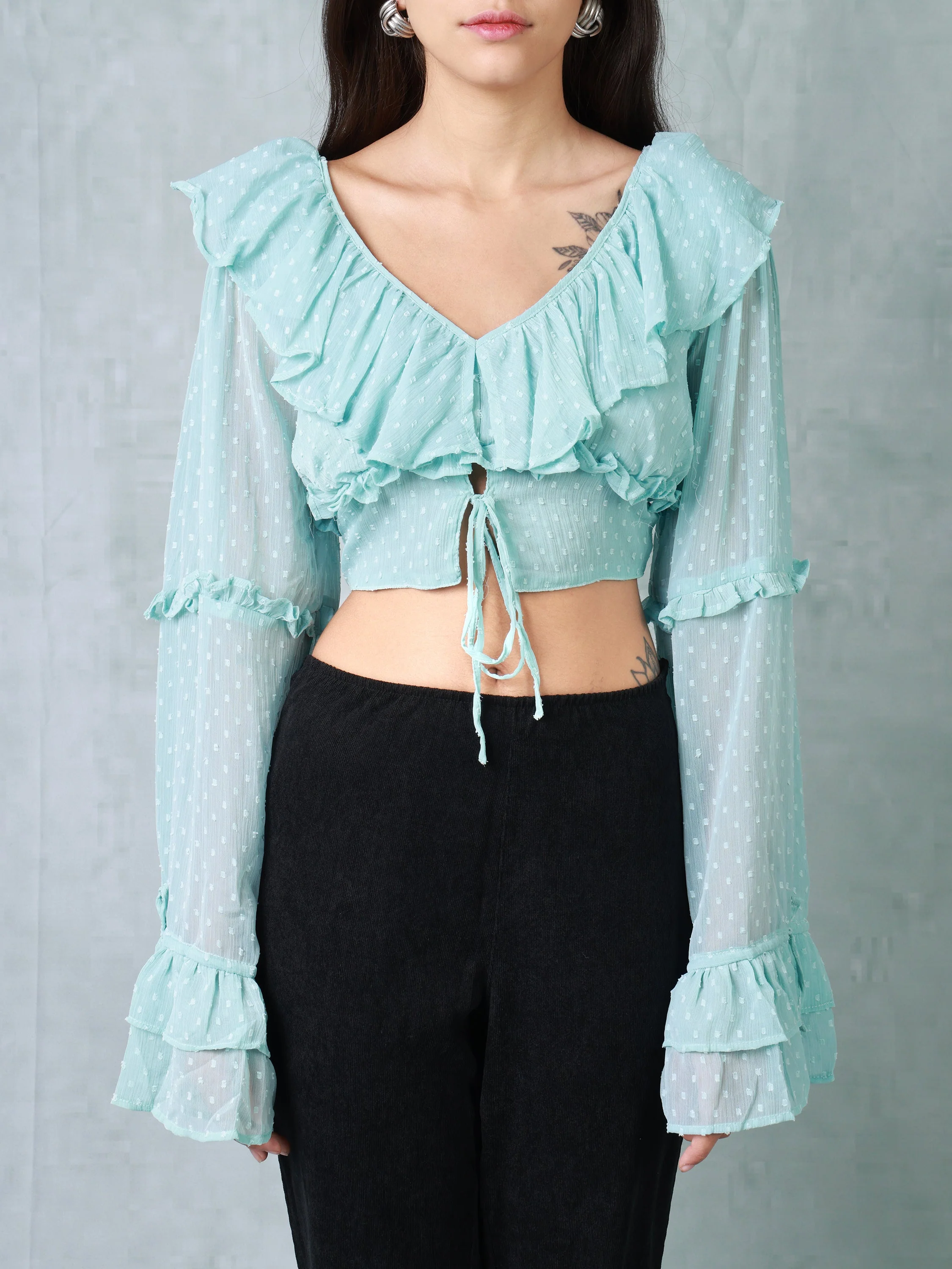 Women Teal Frilled Crop Top - Image 5