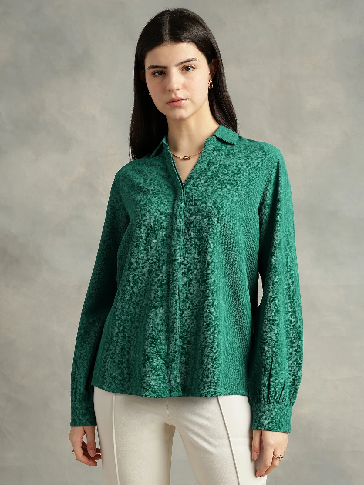 Women Teal Green Crepe Collar Shirt - Image 2