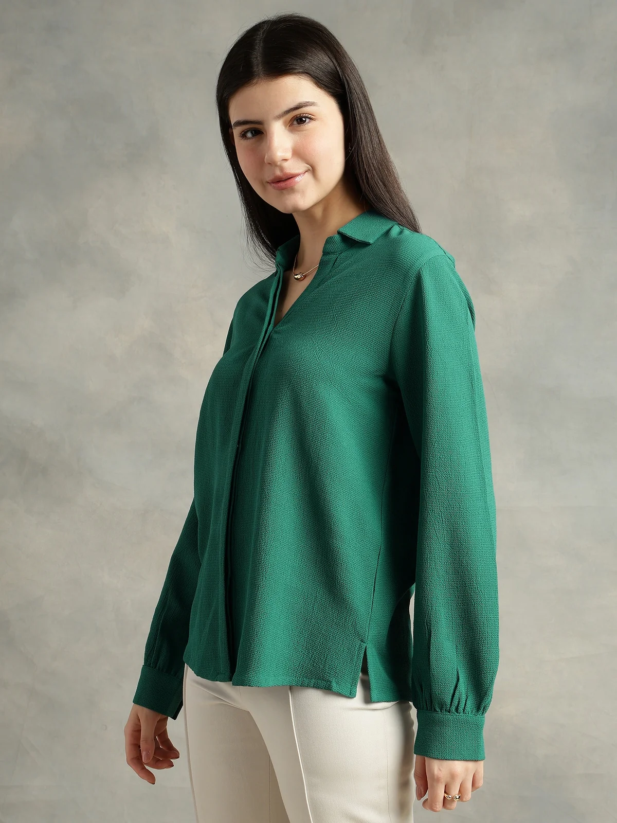 Women Teal Green Crepe Collar Shirt - Image 3